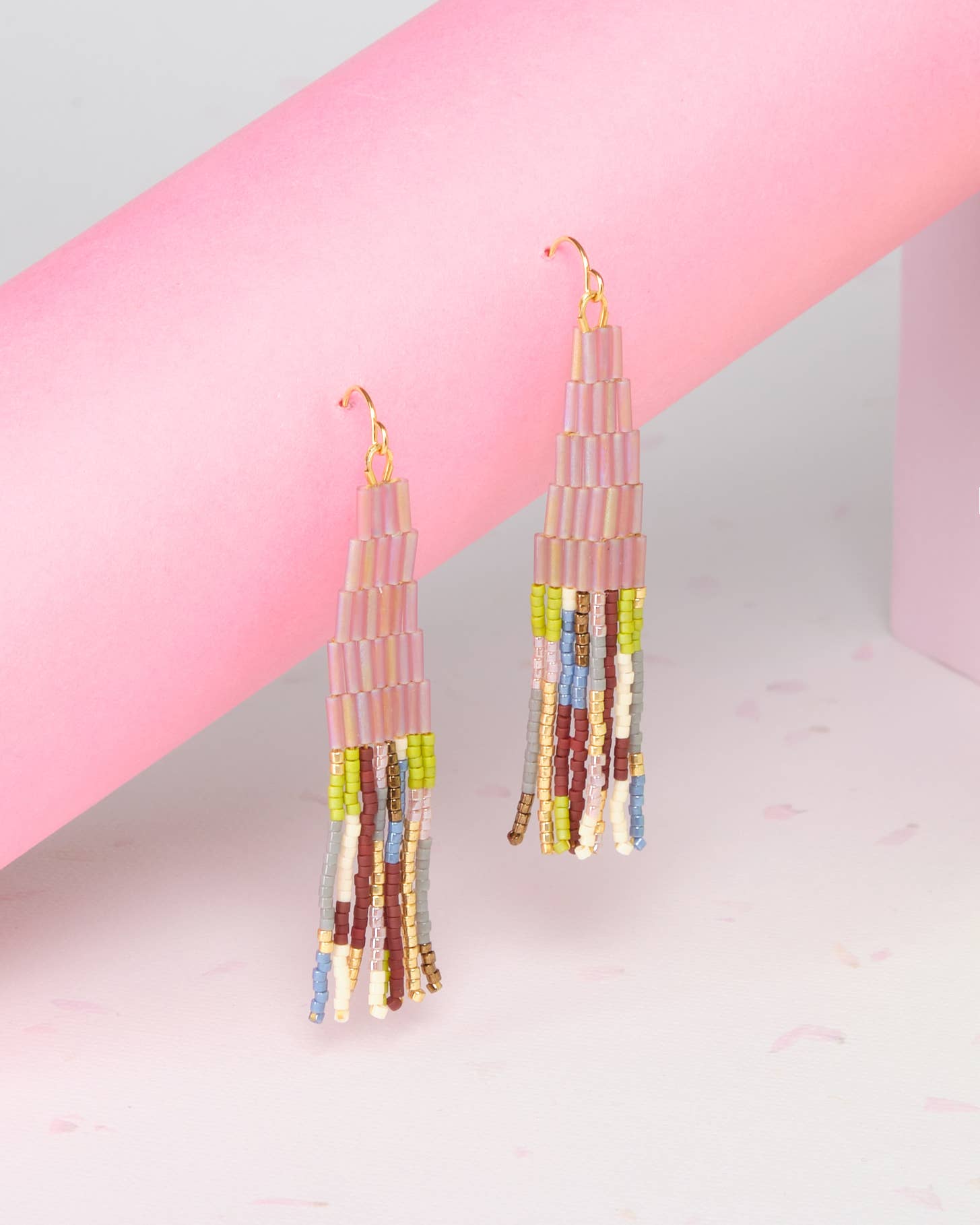 Lilac Beaded Handwoven Abstract Fringe Earrings