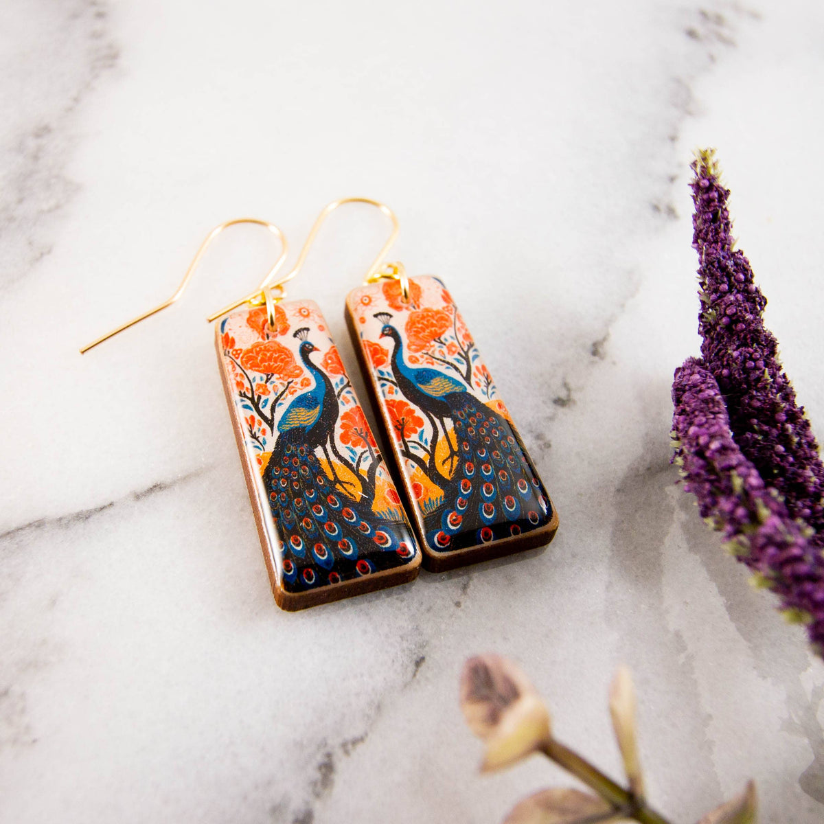 Retro Peacock Garden Tapered Rectangle Earrings