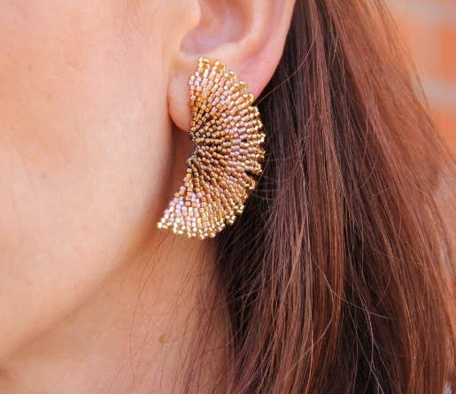 Bronze Ginkgo Leaf Beaded Handwoven Stud Earrings