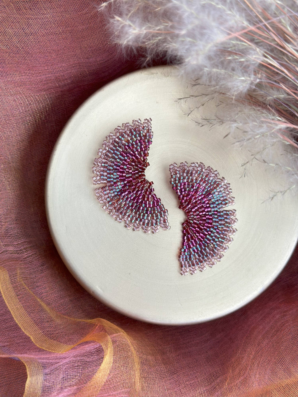 Bronze Ginkgo Leaf Beaded Handwoven Stud Earrings