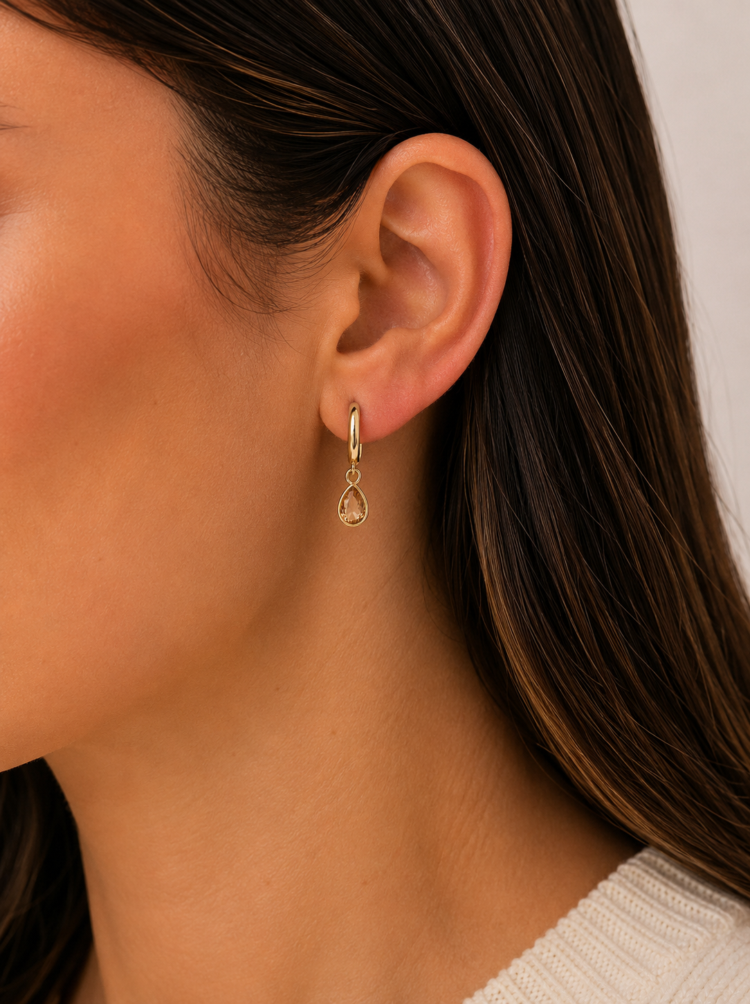 Champagne CZ Teardrop Charm Hoop