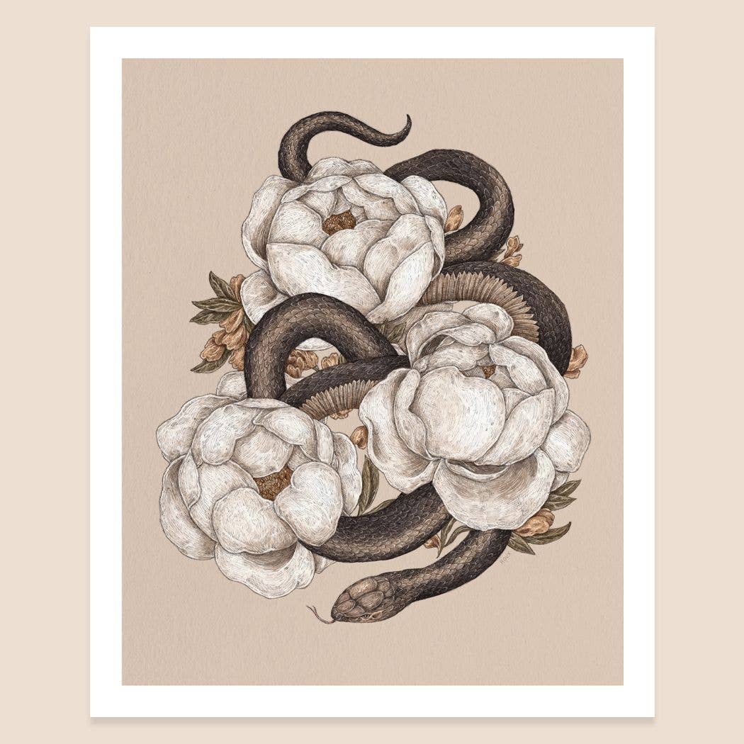 Snake and Peonies Print 8 x 10 inches