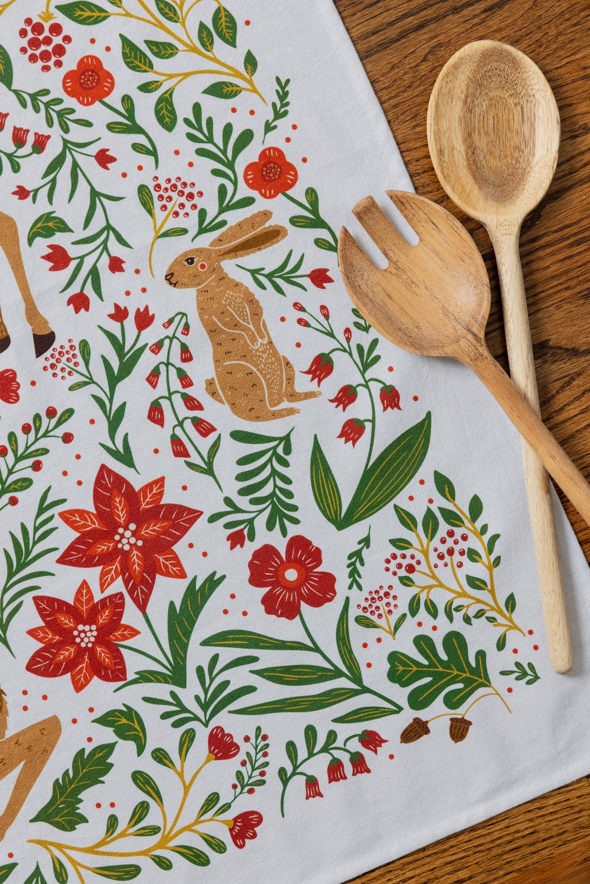 Christmas Forest Tea Towel – Woodland Animals & Poinsettias