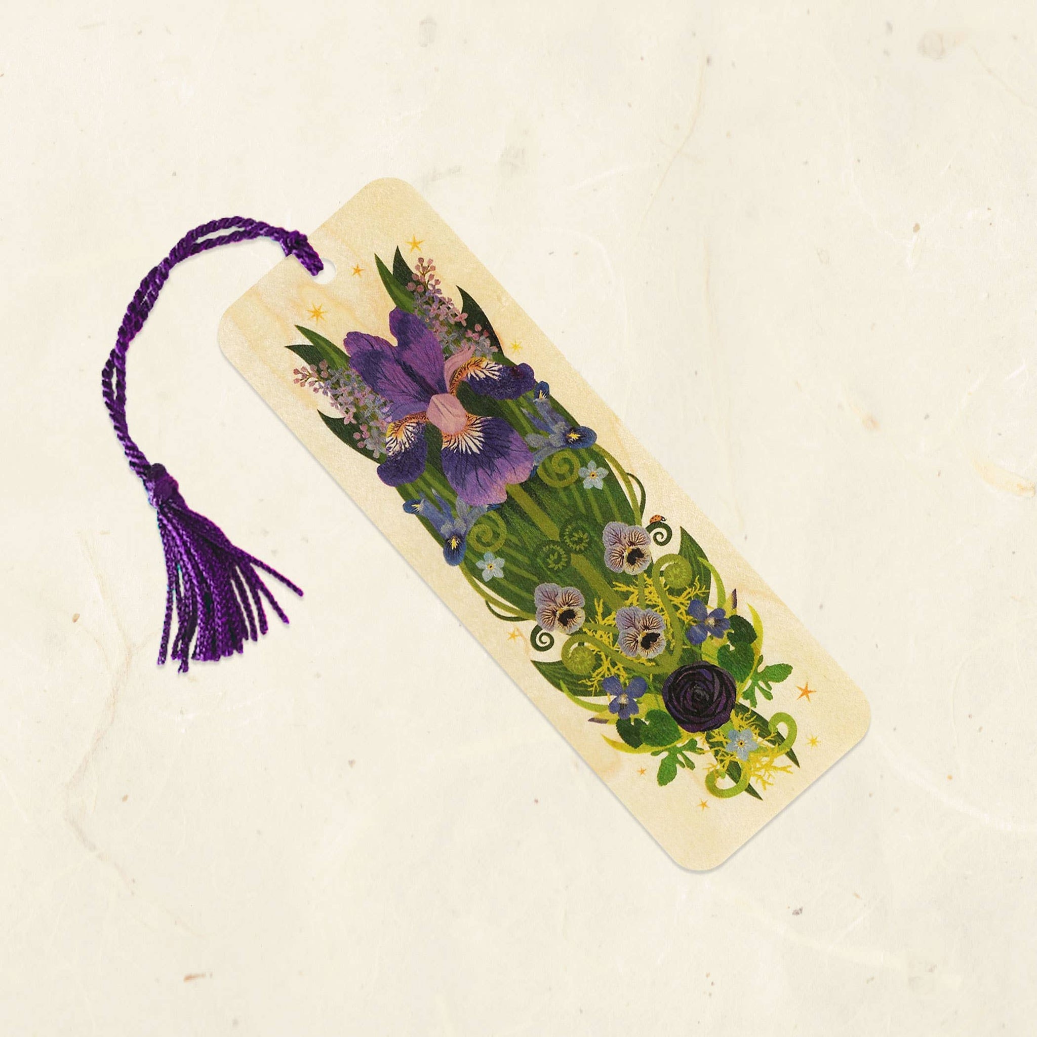 Root Bookmarks Iris & Ladybug Wood Bookmark with Tassel - Wild Roots Apothecary