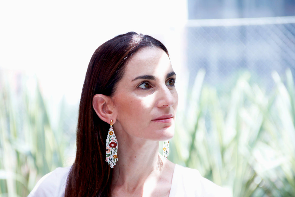 Beaded Handwoven Wildflower Fringe Earrings (White)