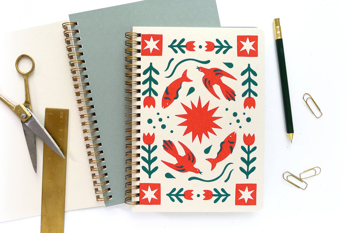 Folk Flower Coil Notebook, Medium : Lined