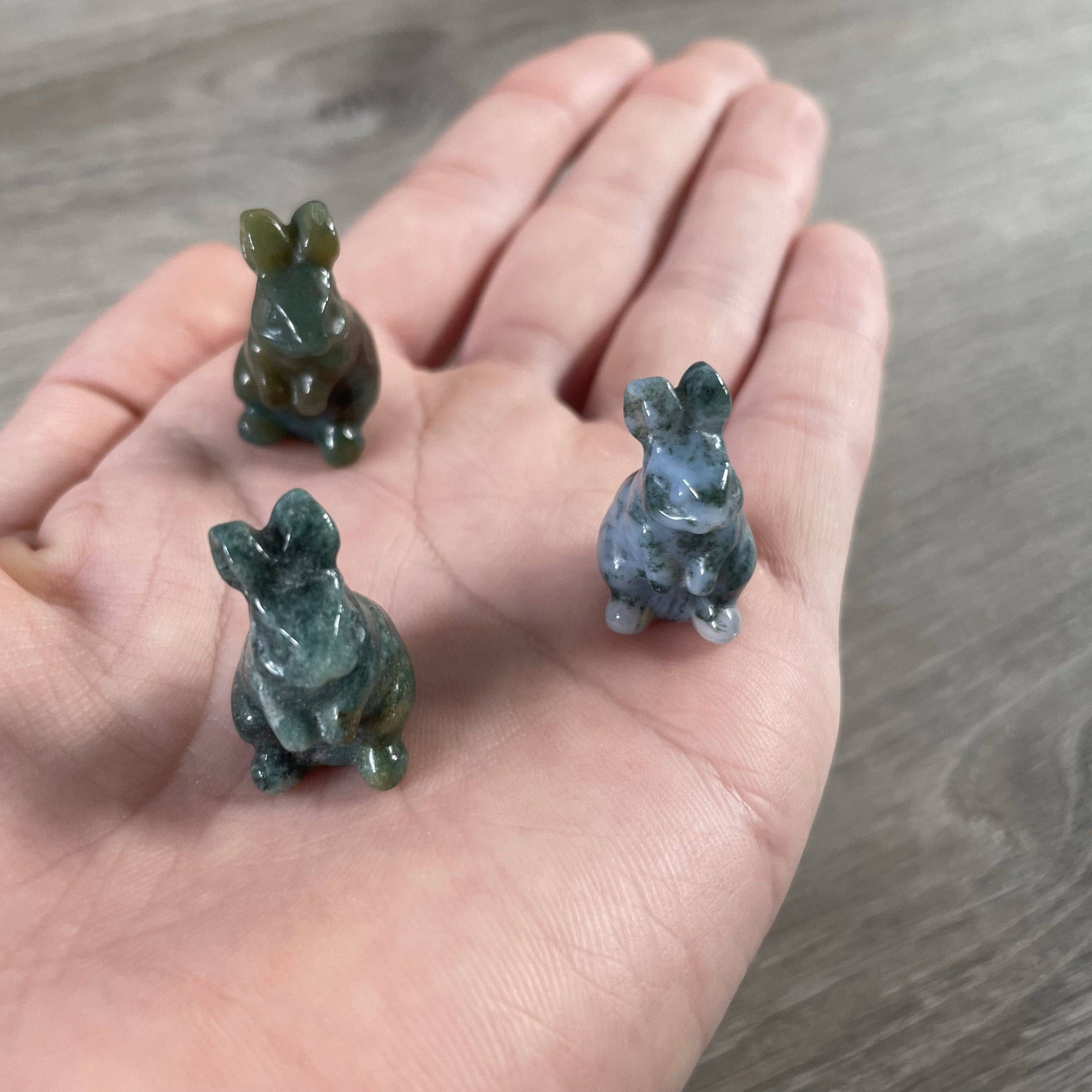 Moss Agate Bunny Rabbit Carved Gemstone Figurine