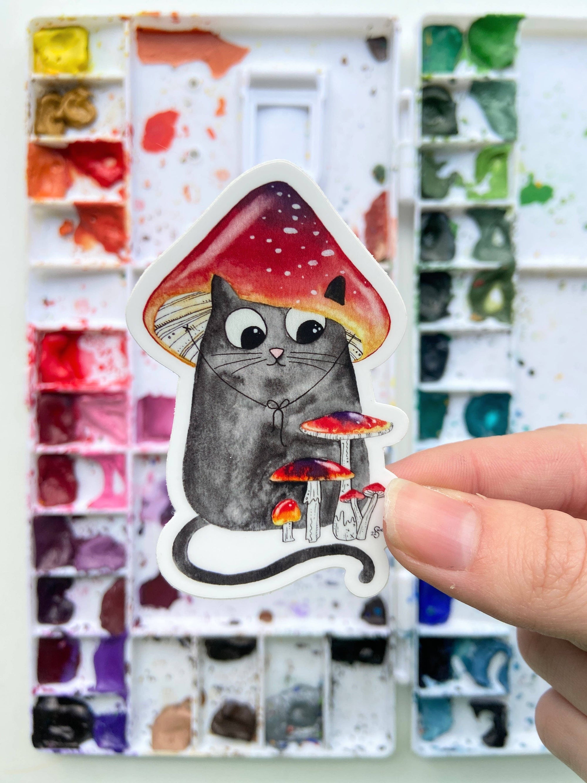 Black Cat with Red Mushroom Vinyl Sticker