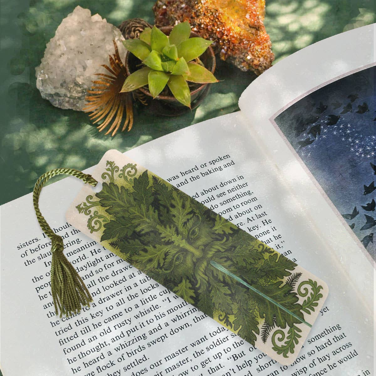 Green Man Wood Bookmark with Tassel