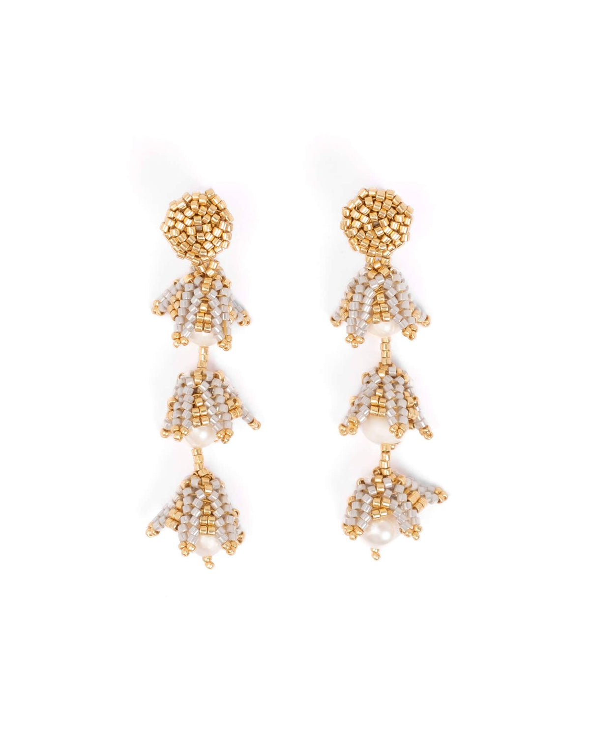 Bell Drop and Pearl Beaded Handwoven Earrings (Taupe)