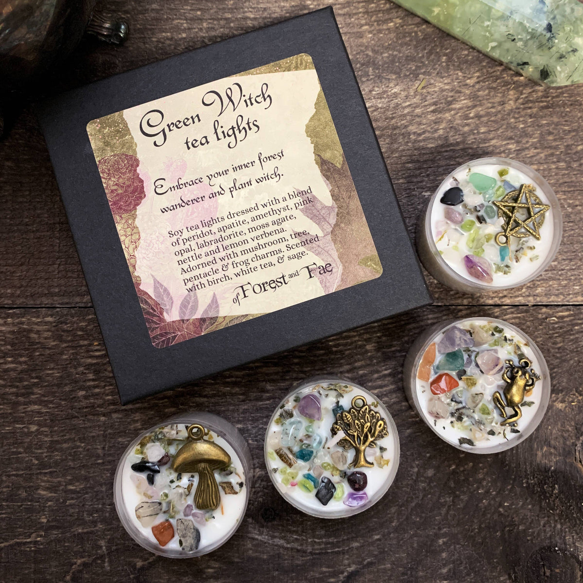 Green Witch Tea Light Candle Set • Crystal &amp; Herb Candles