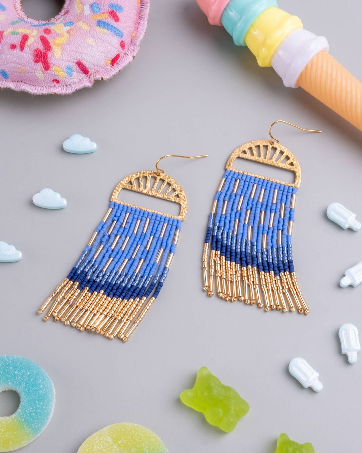 Blue Sprinkle Fringe Beaded Handwoven Earrings