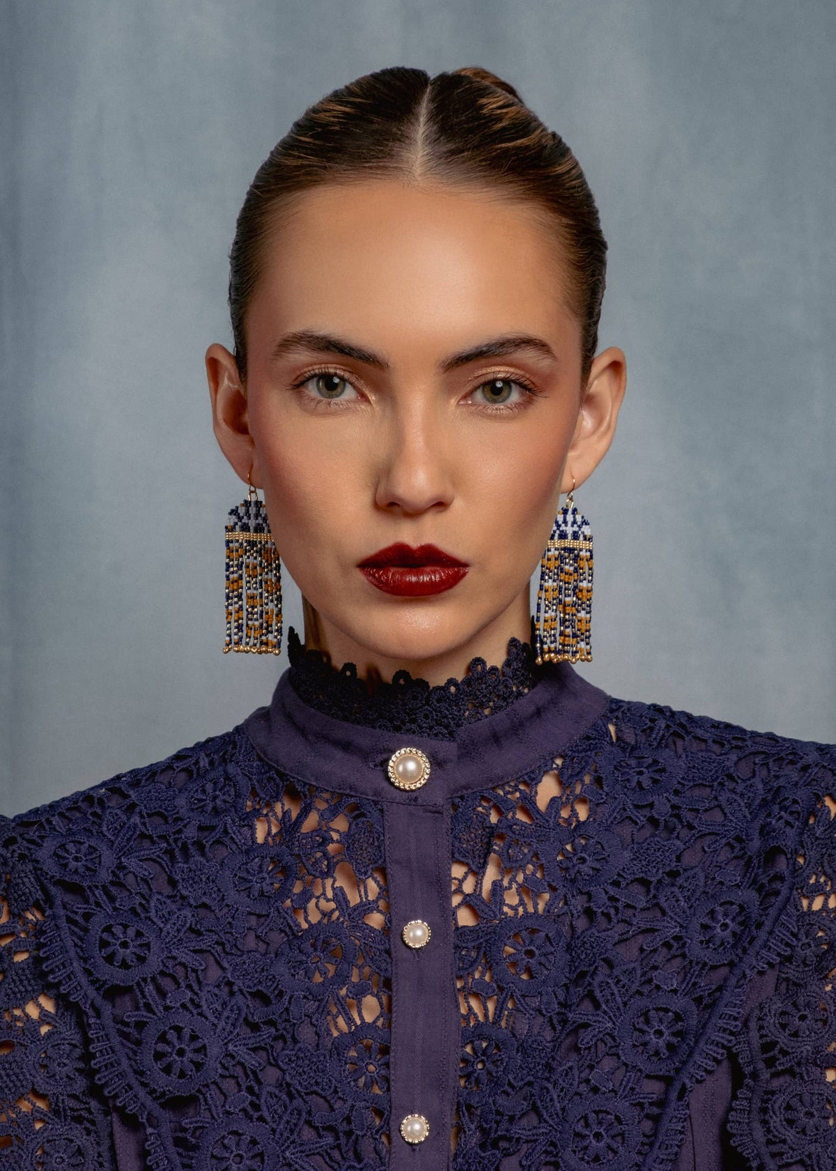 Brocade Garden Blue and Mustard Beaded Handwoven Earrings