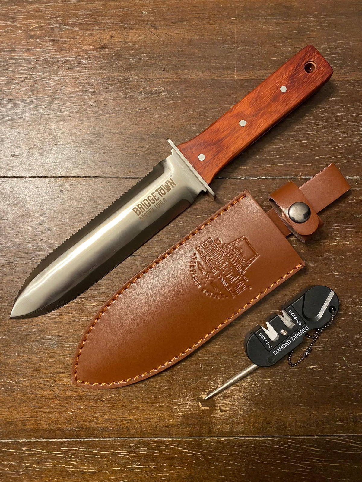 Rosewood Handle Stainless Hori Hori with Leather Sheath