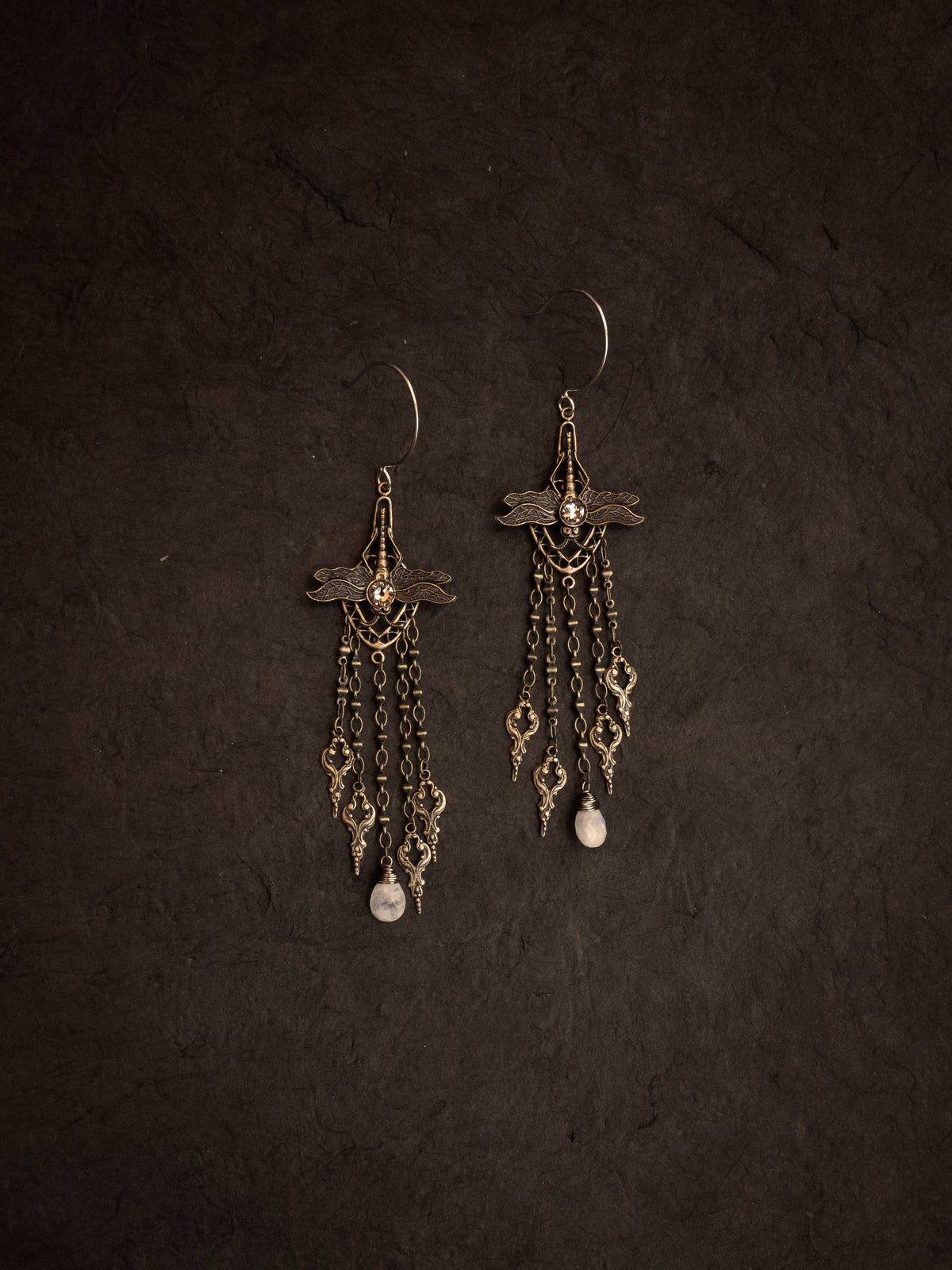 Dragonfly Drape Chandelier Earrings: Moonstone