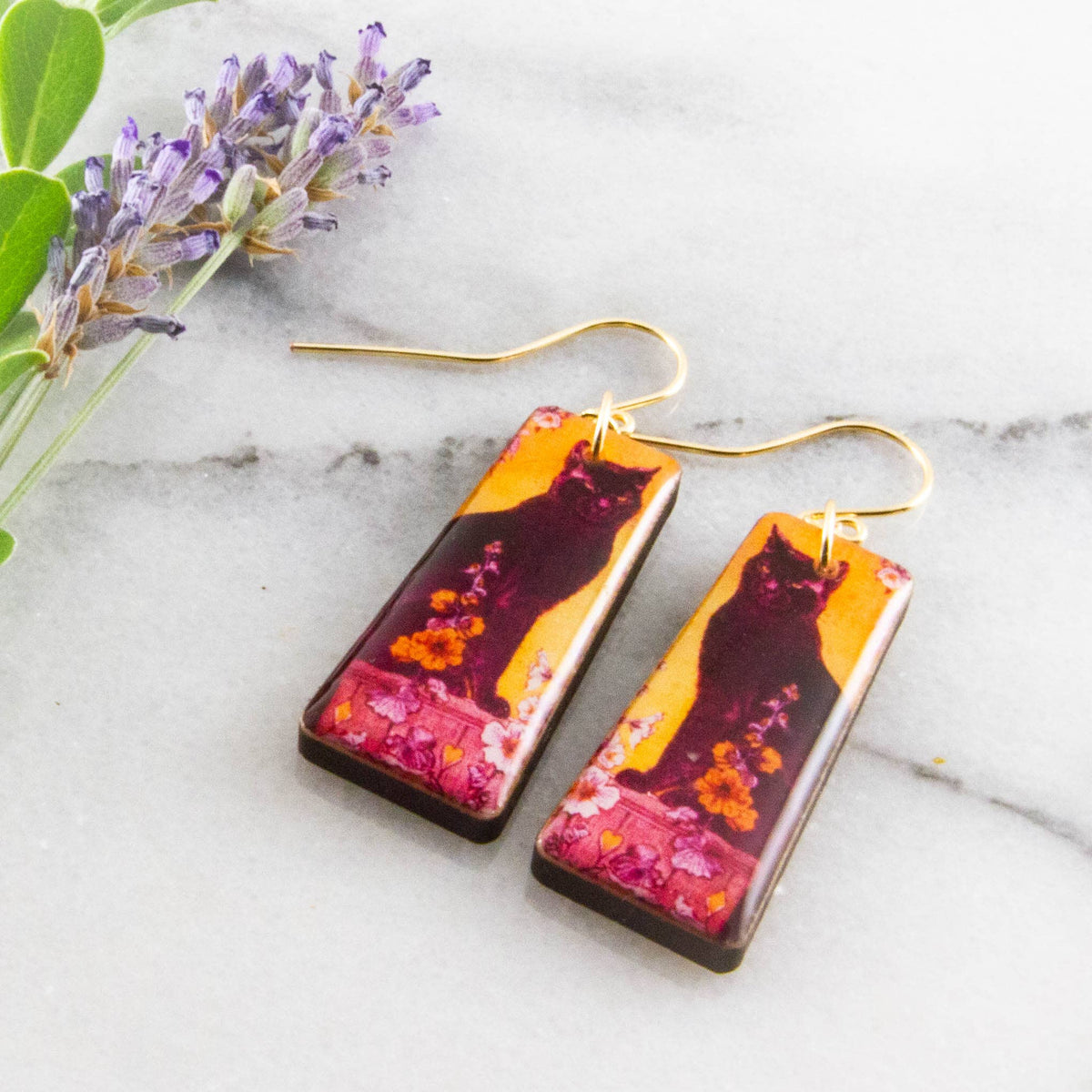 Art Nouveau Black Cat Tapered Rectangle Earrings