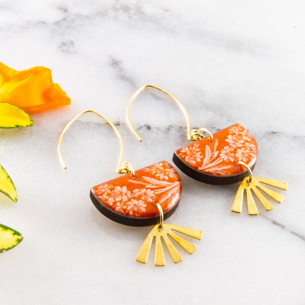 Vintage Orange Floral Brass Fan Drop Earrings