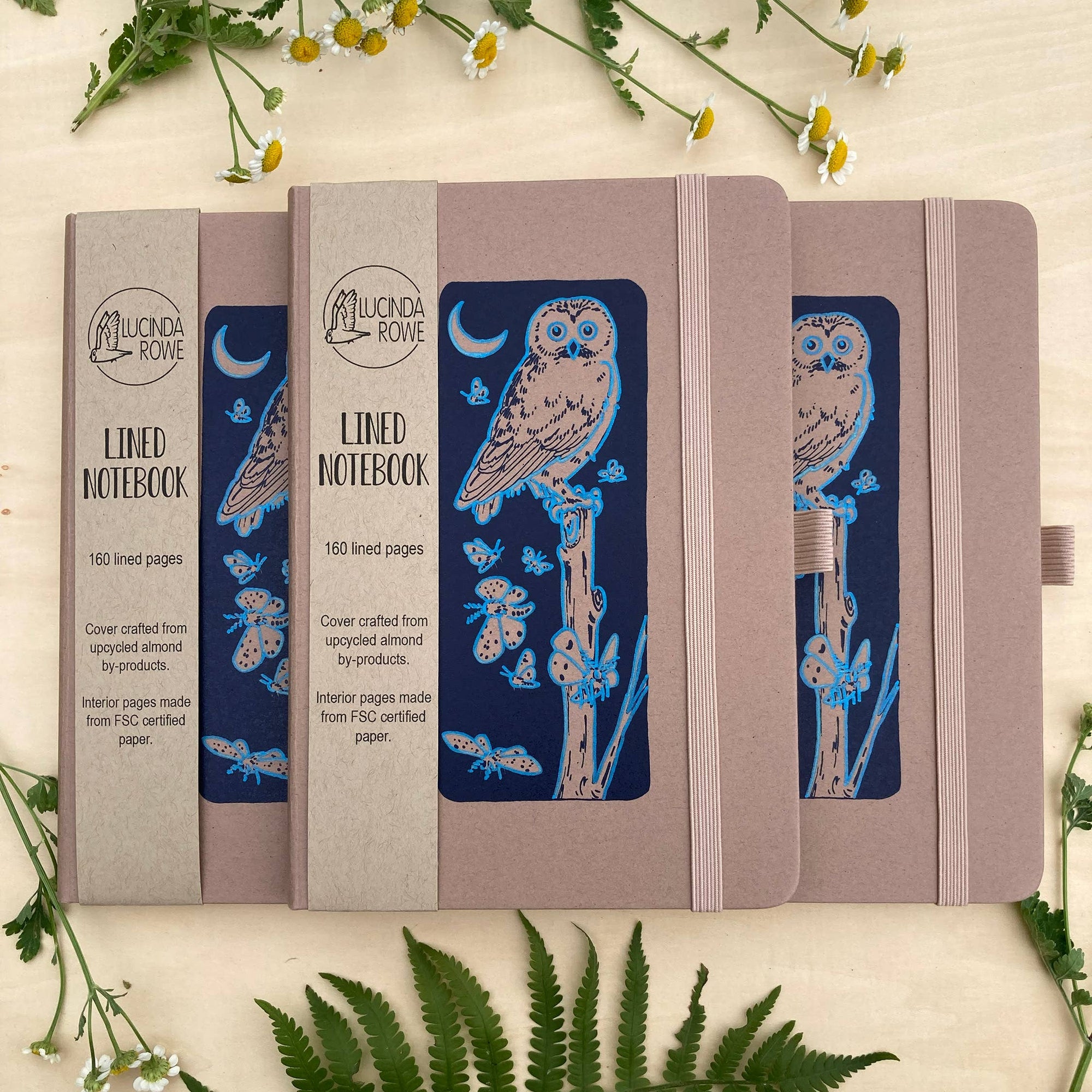Owl and Moths Eco-Friendly Upcycled Almond Notebook