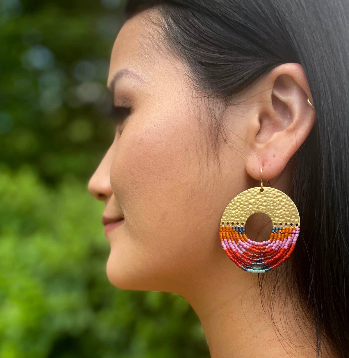 Lilac Organic Circular Fringe Beaded Handwoven Earrings