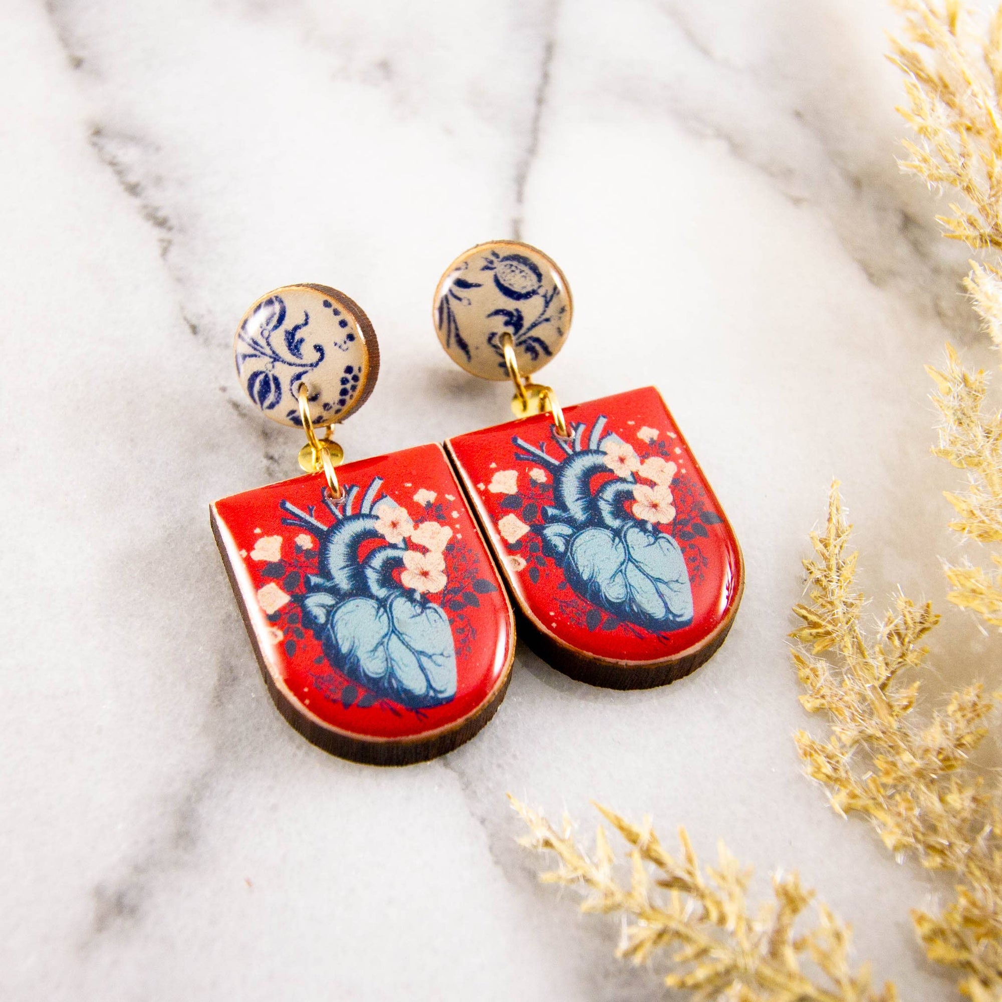 Anatomical Heart Floral Earrings