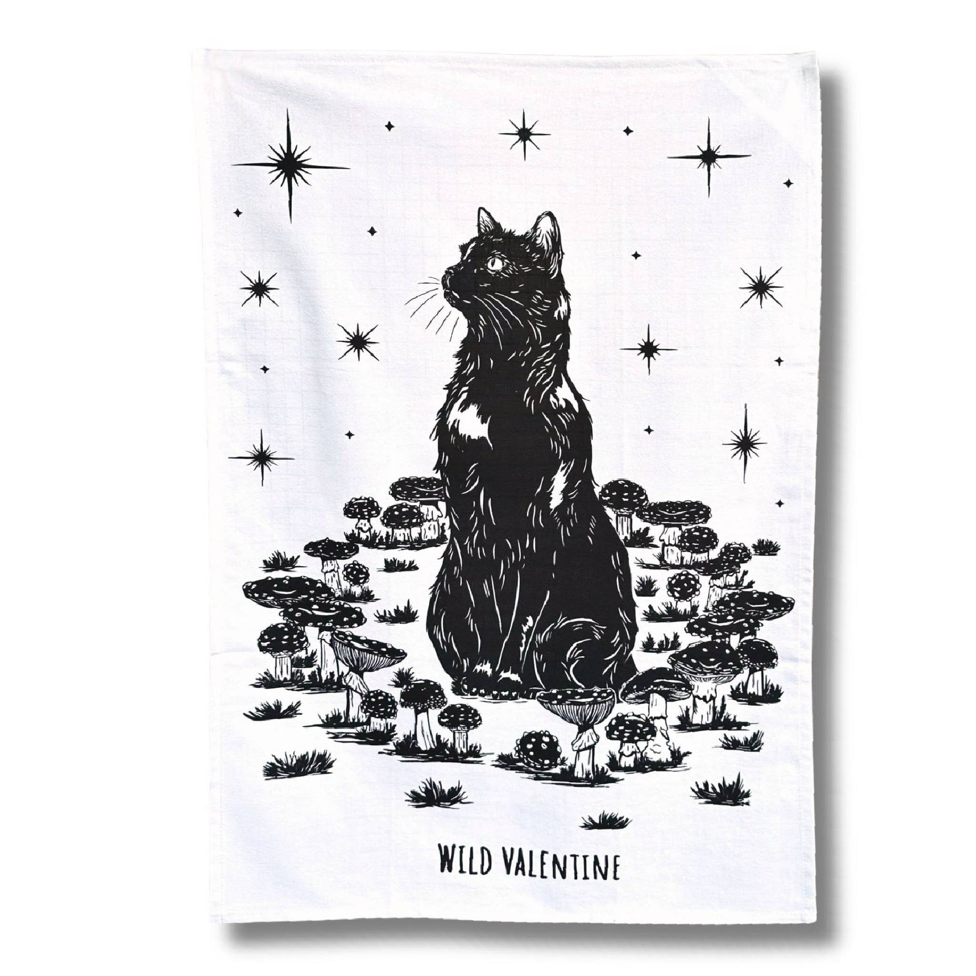 Black Cat &amp; Mushroom Tea Towel