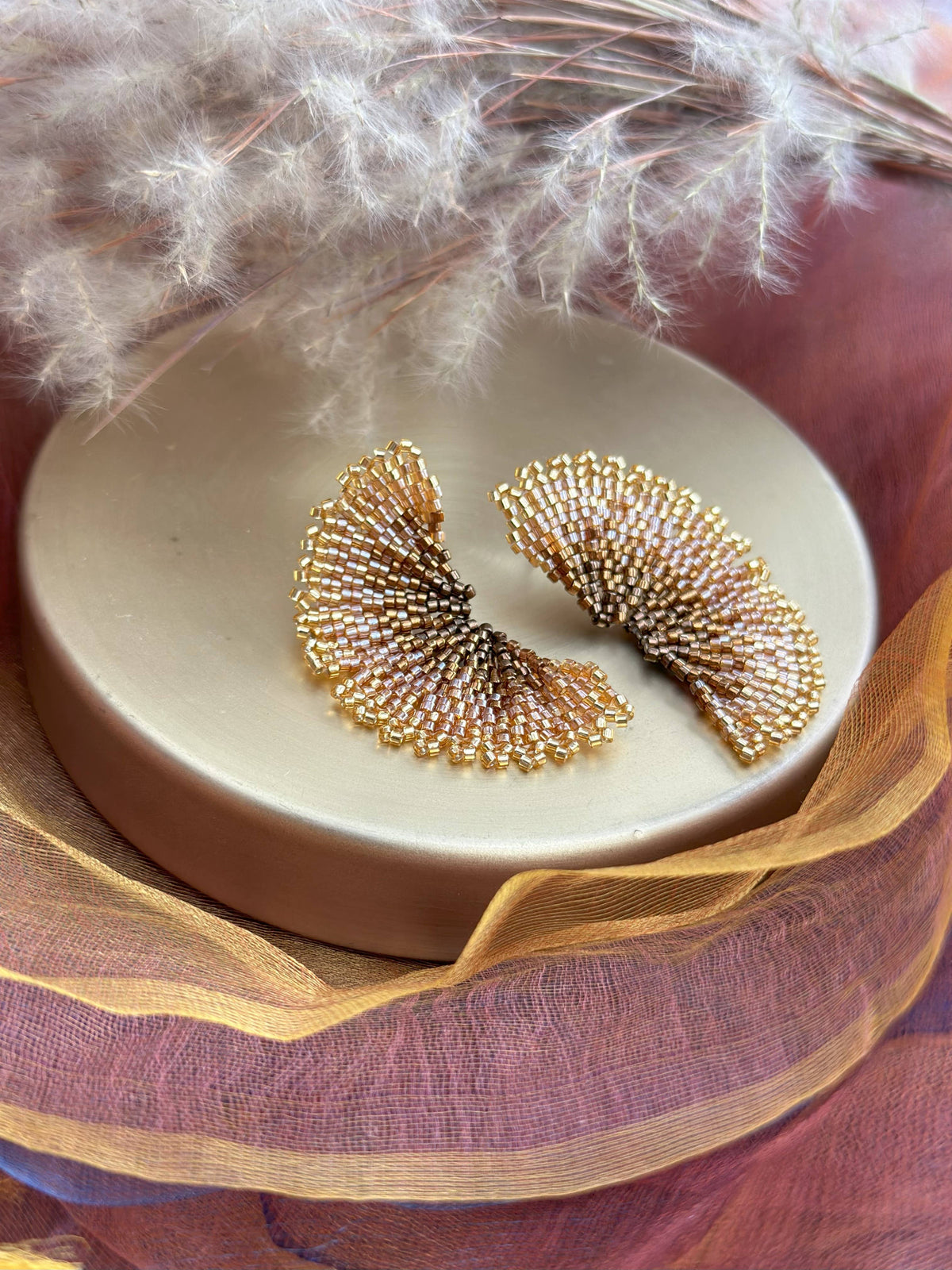 Bronze Ginkgo Leaf Beaded Handwoven Stud Earrings