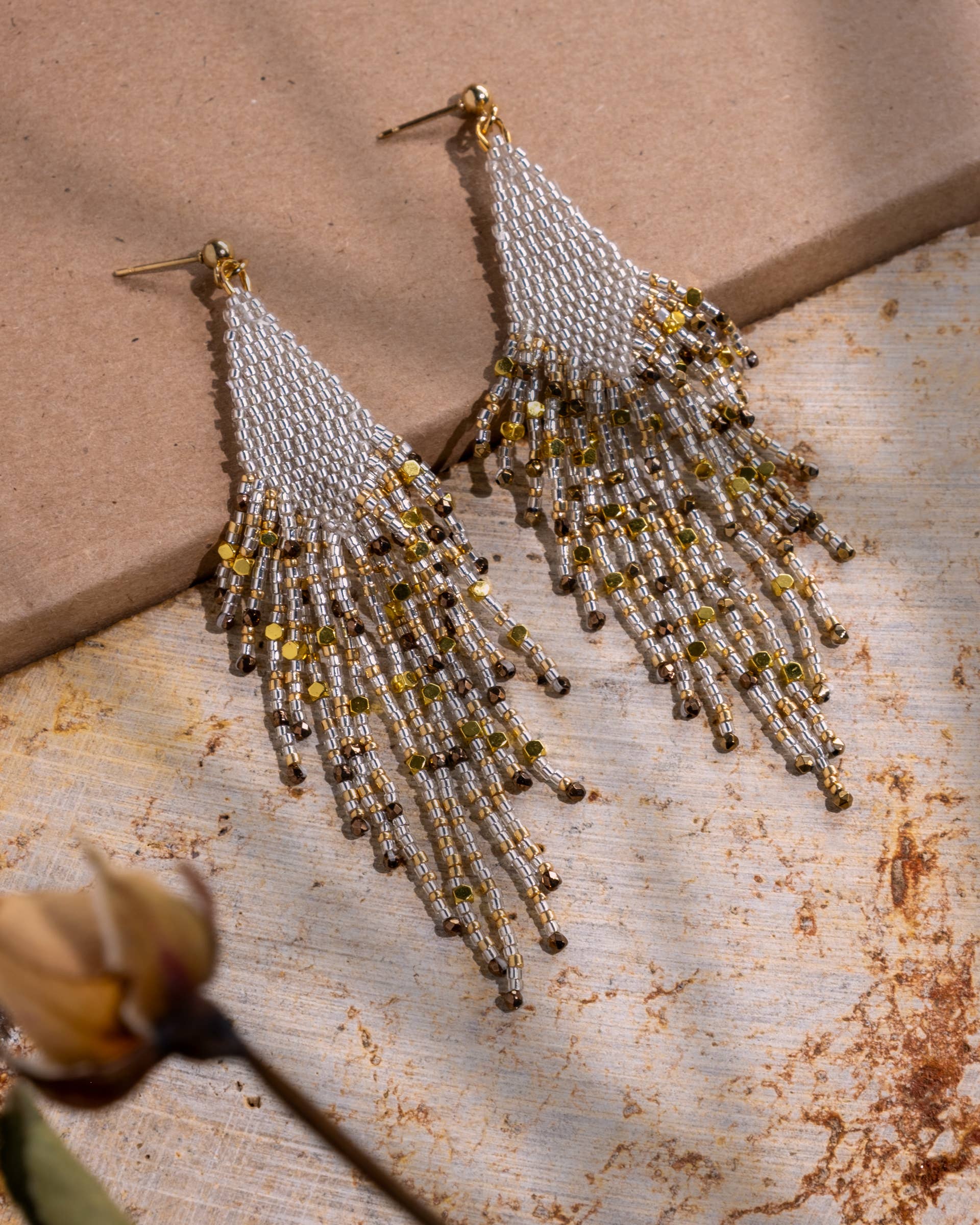 Starlight Fringe Beaded Handwoven Earrings (Silver)