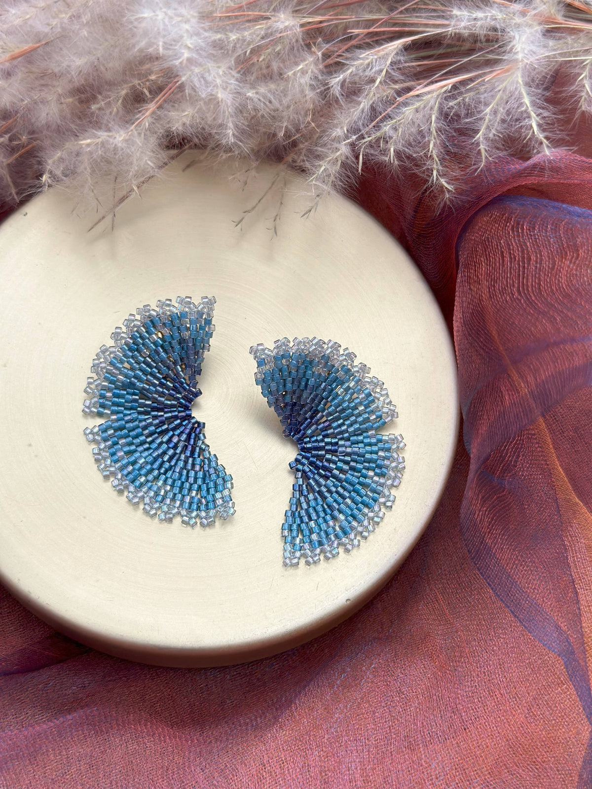 Bronze Ginkgo Leaf Beaded Handwoven Stud Earrings