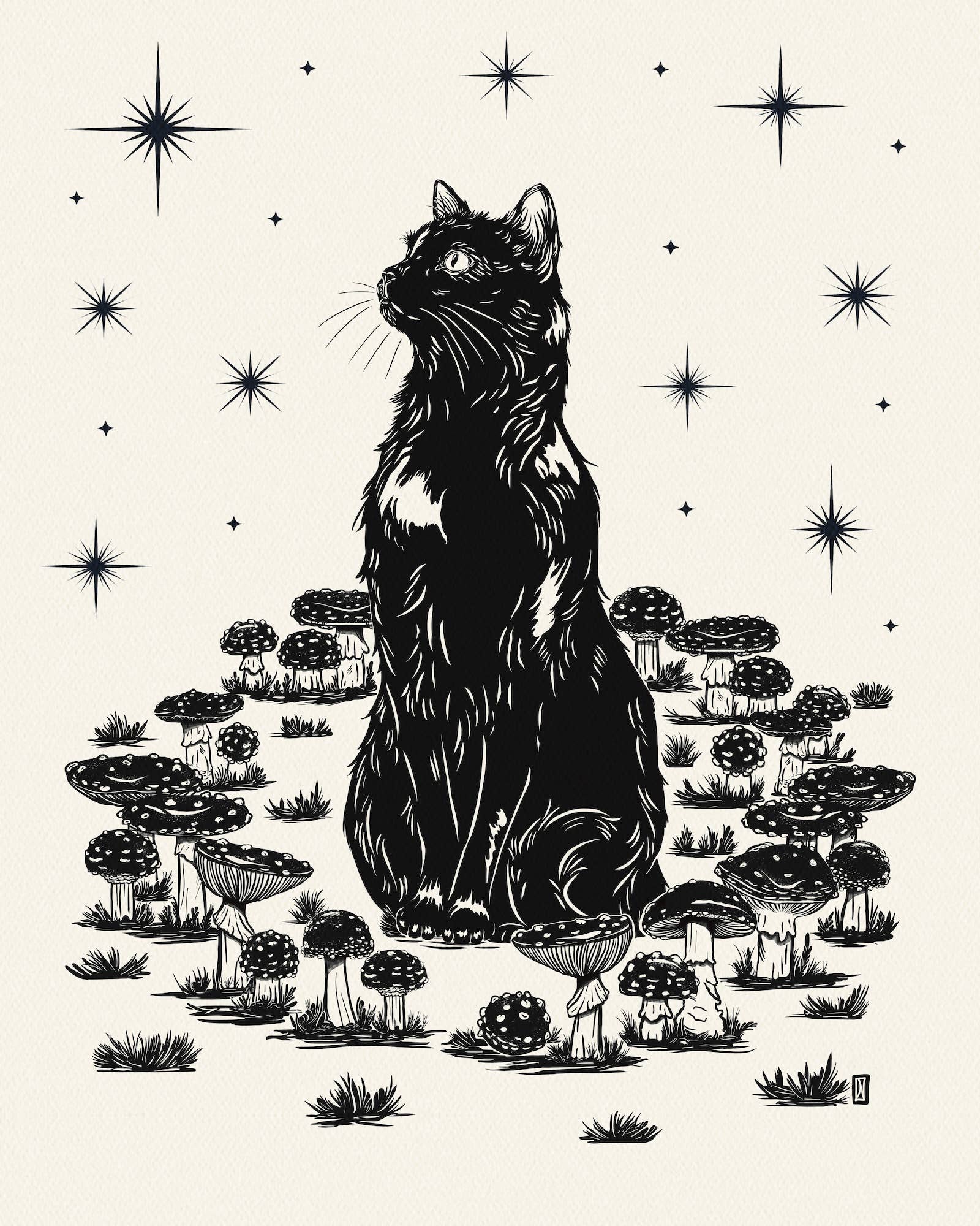 Black Cat &amp; Mushrooms Art Print (8x10)