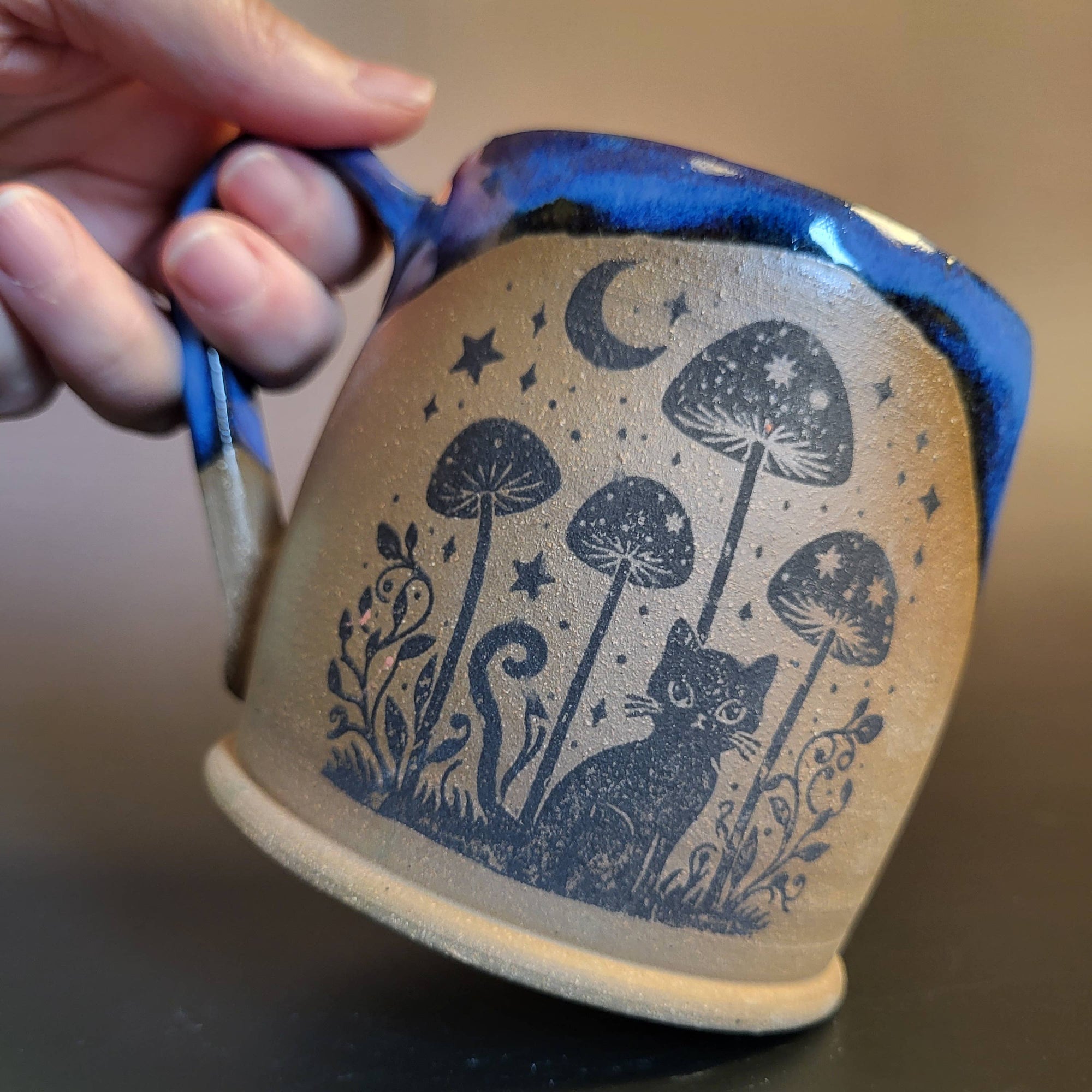Black Cat and Many Mushrooms Mug with Blue Glaze