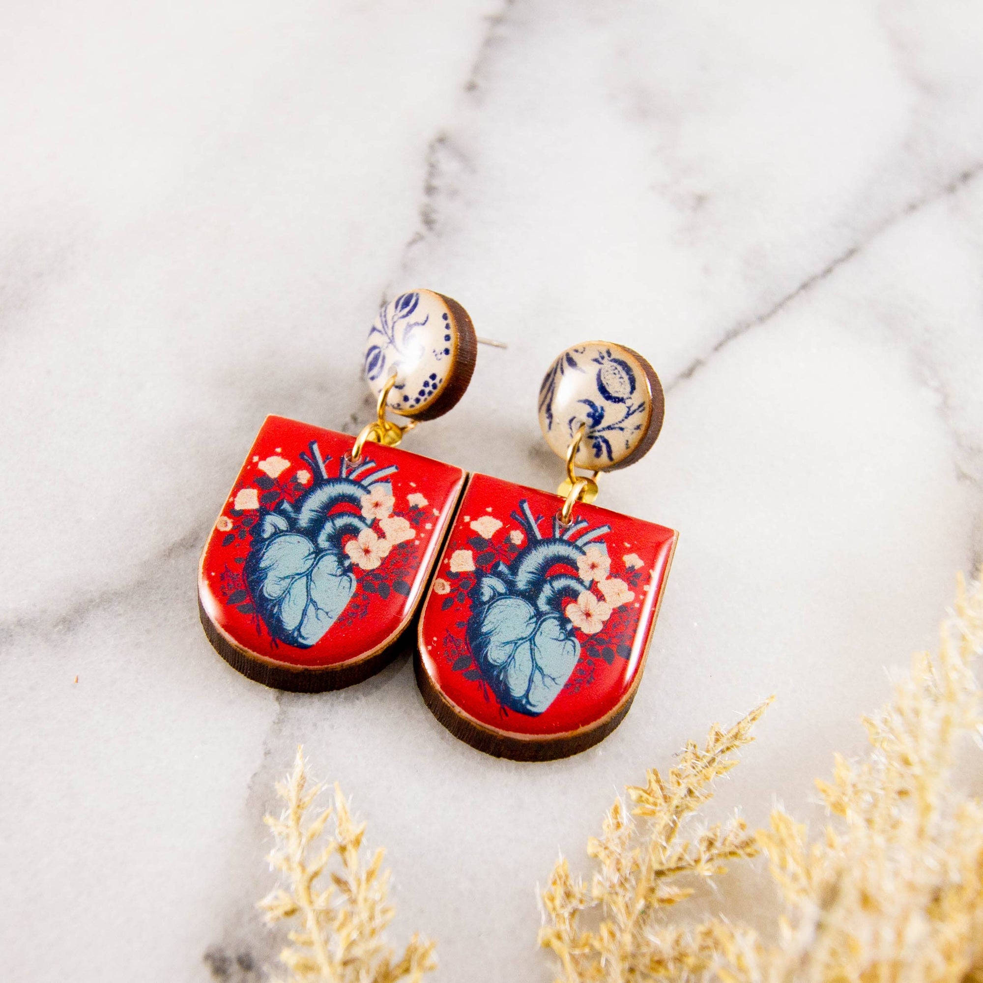 Anatomical Heart Floral Earrings