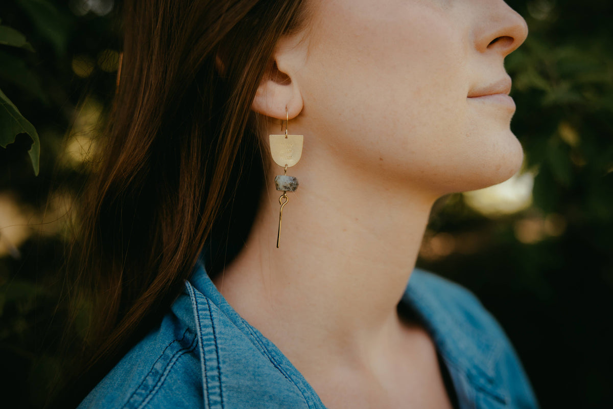 Brass Stamped Dendrite Opal Gemstone Earrings
