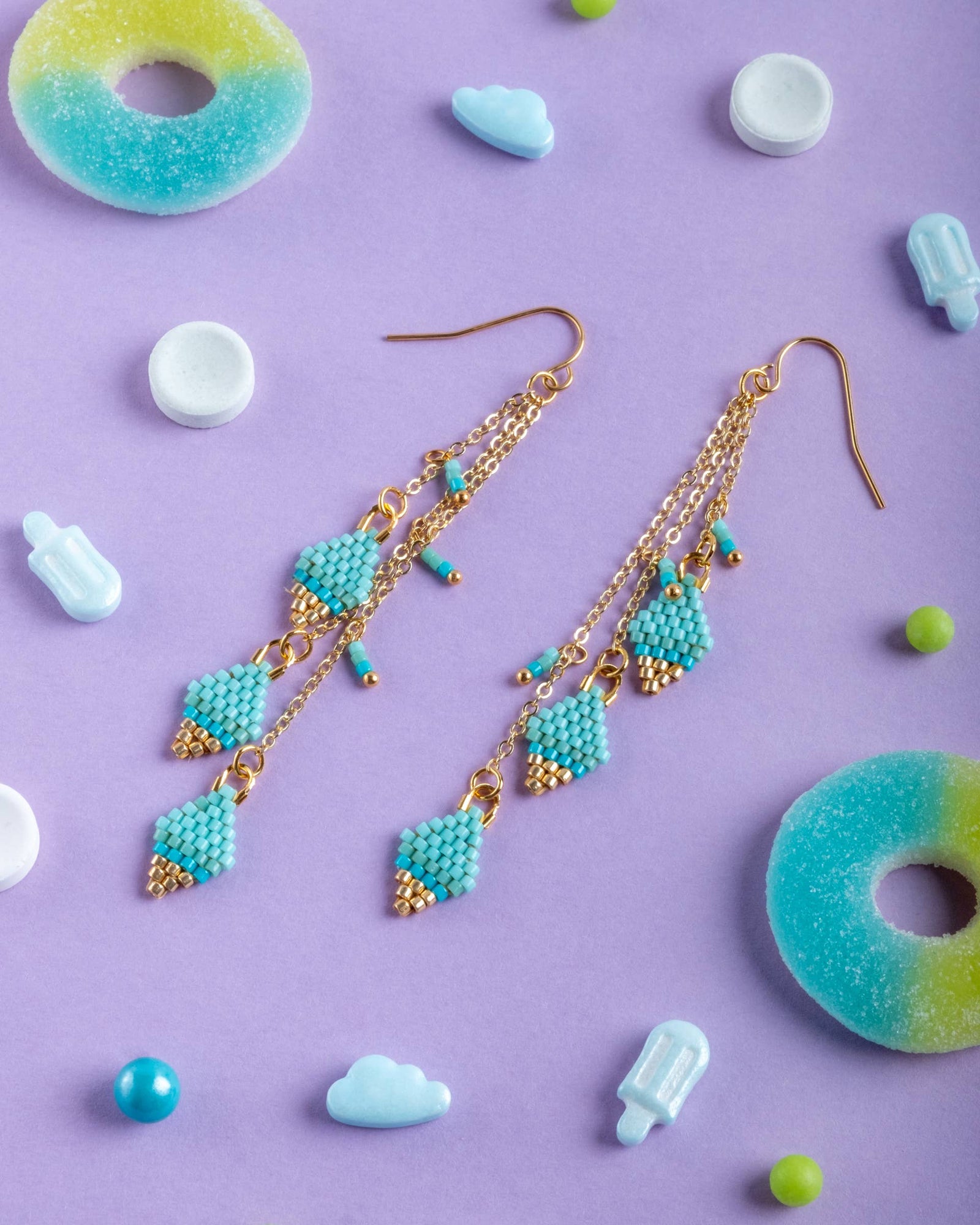 Aqua Candy Gem and Chain Dangle Beaded Handwoven Earrings
