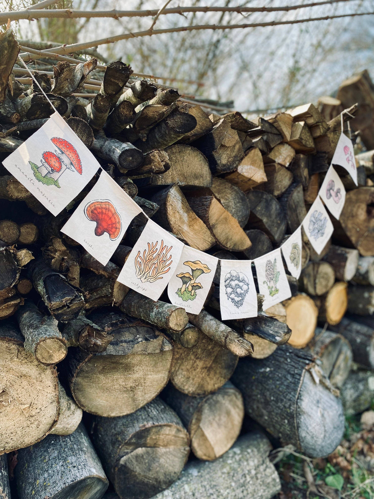 Rainbow Mushrooms Prayer Flag (White)