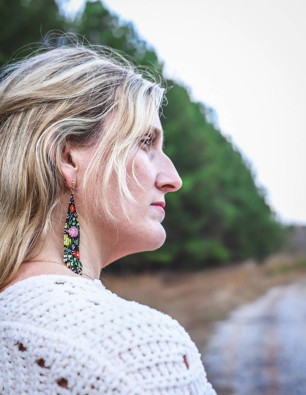 Beaded Handwoven Wildflower Fringe Earrings (White)