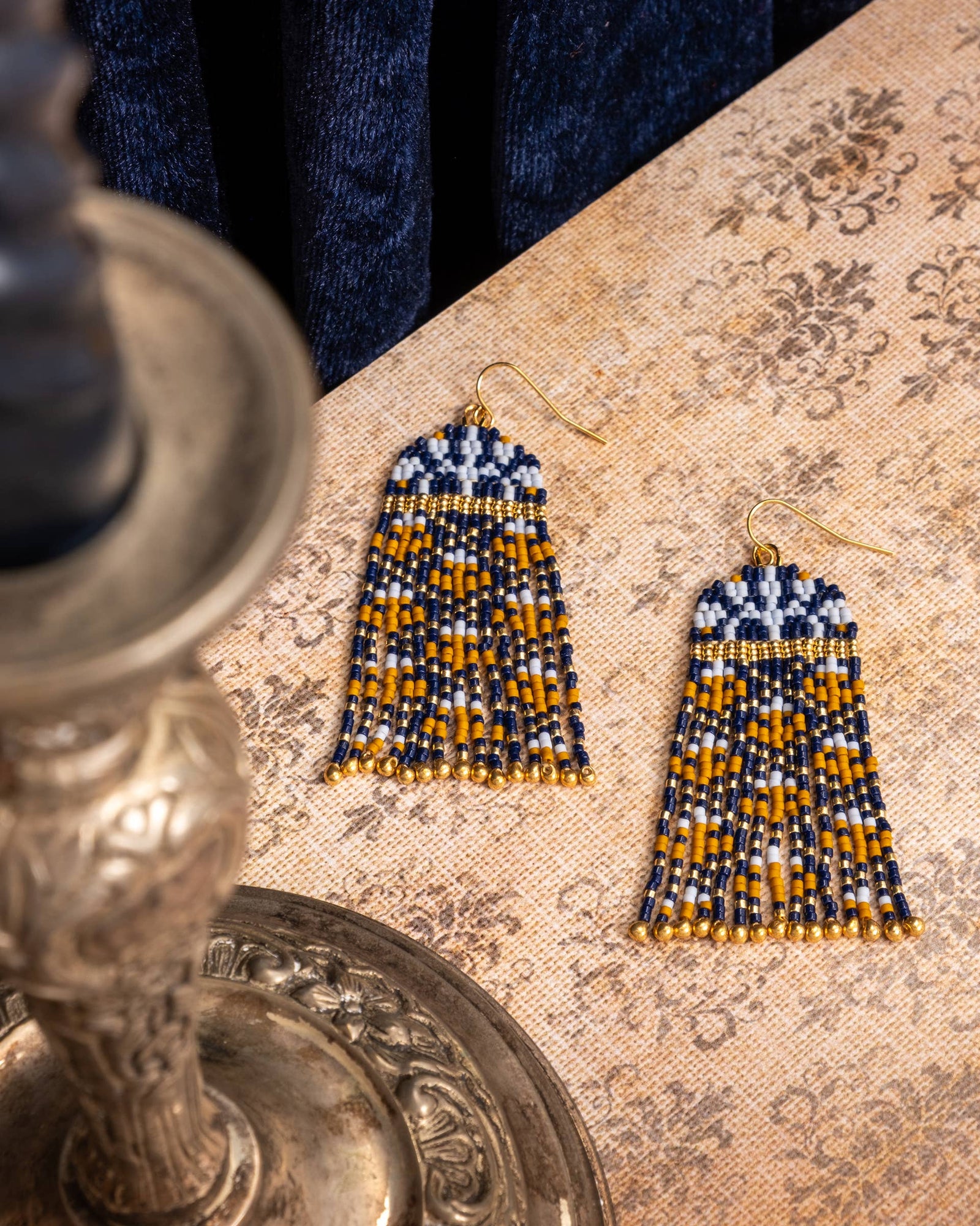 Brocade Garden Blue and Mustard Beaded Handwoven Earrings