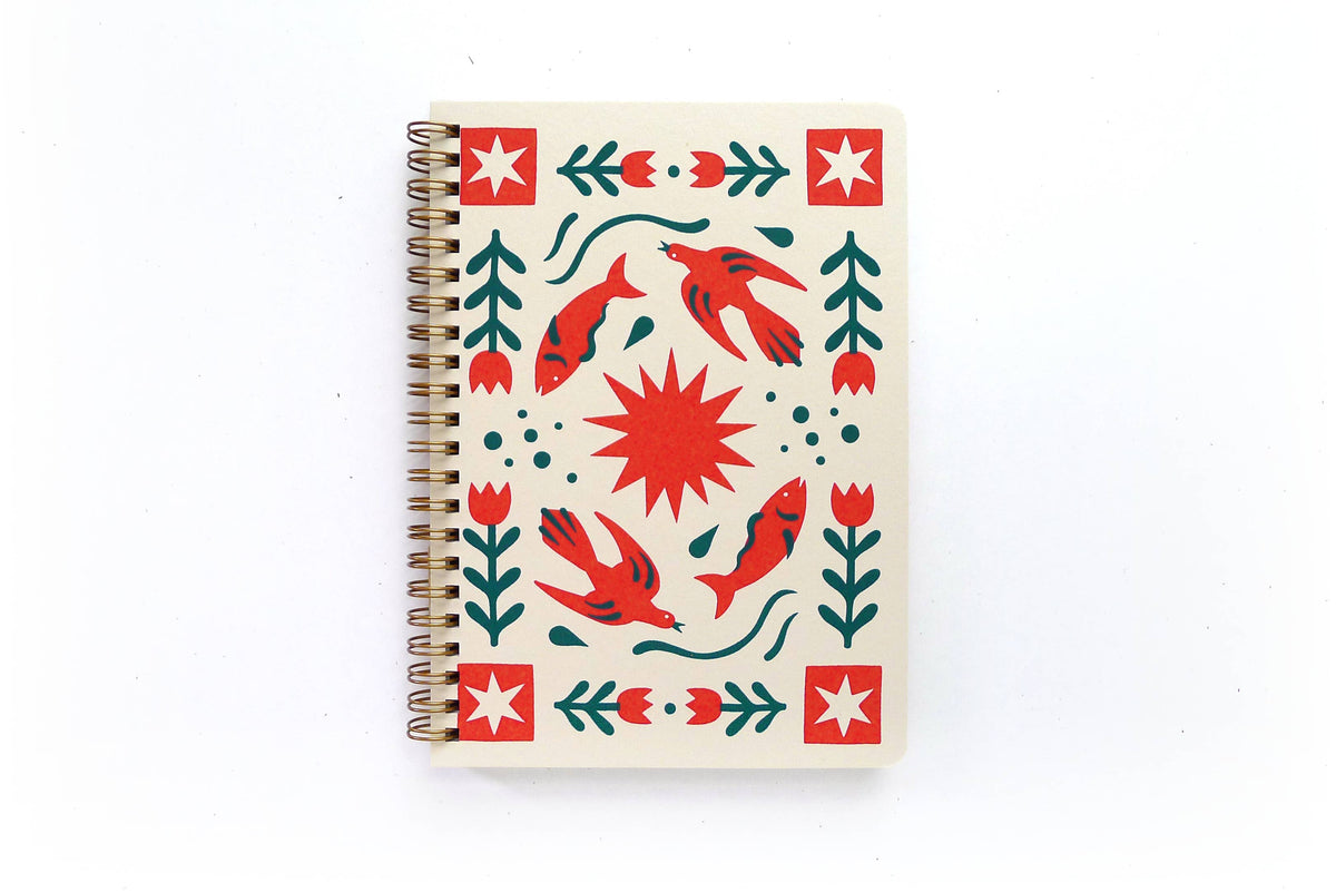 Folk Flower Coil Notebook, Medium : Lined
