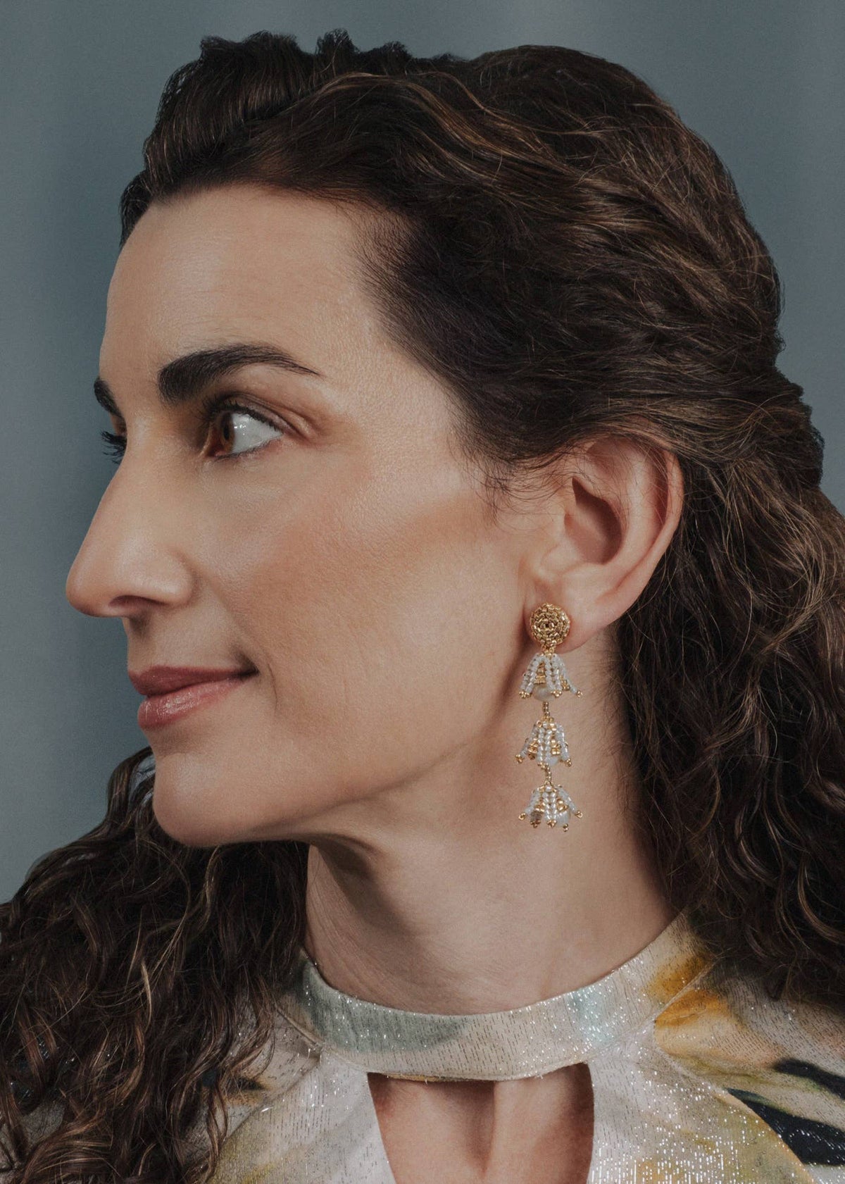 Bell Drop and Pearl Beaded Handwoven Earrings (Taupe)