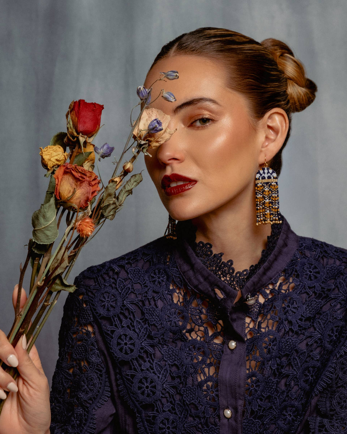 Brocade Garden Blue and Mustard Beaded Handwoven Earrings