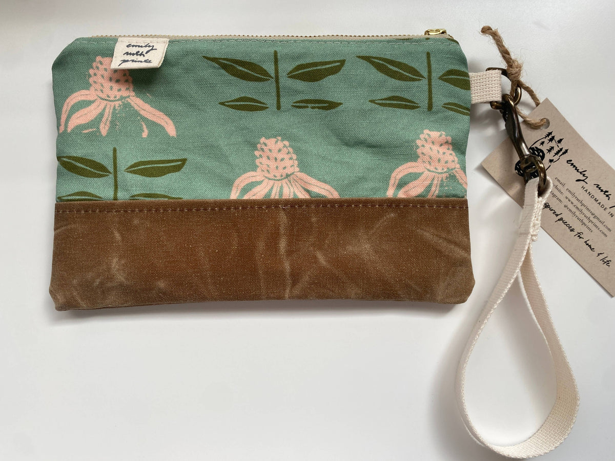 Waxed Canvas Wristlet: Teal Echinacea