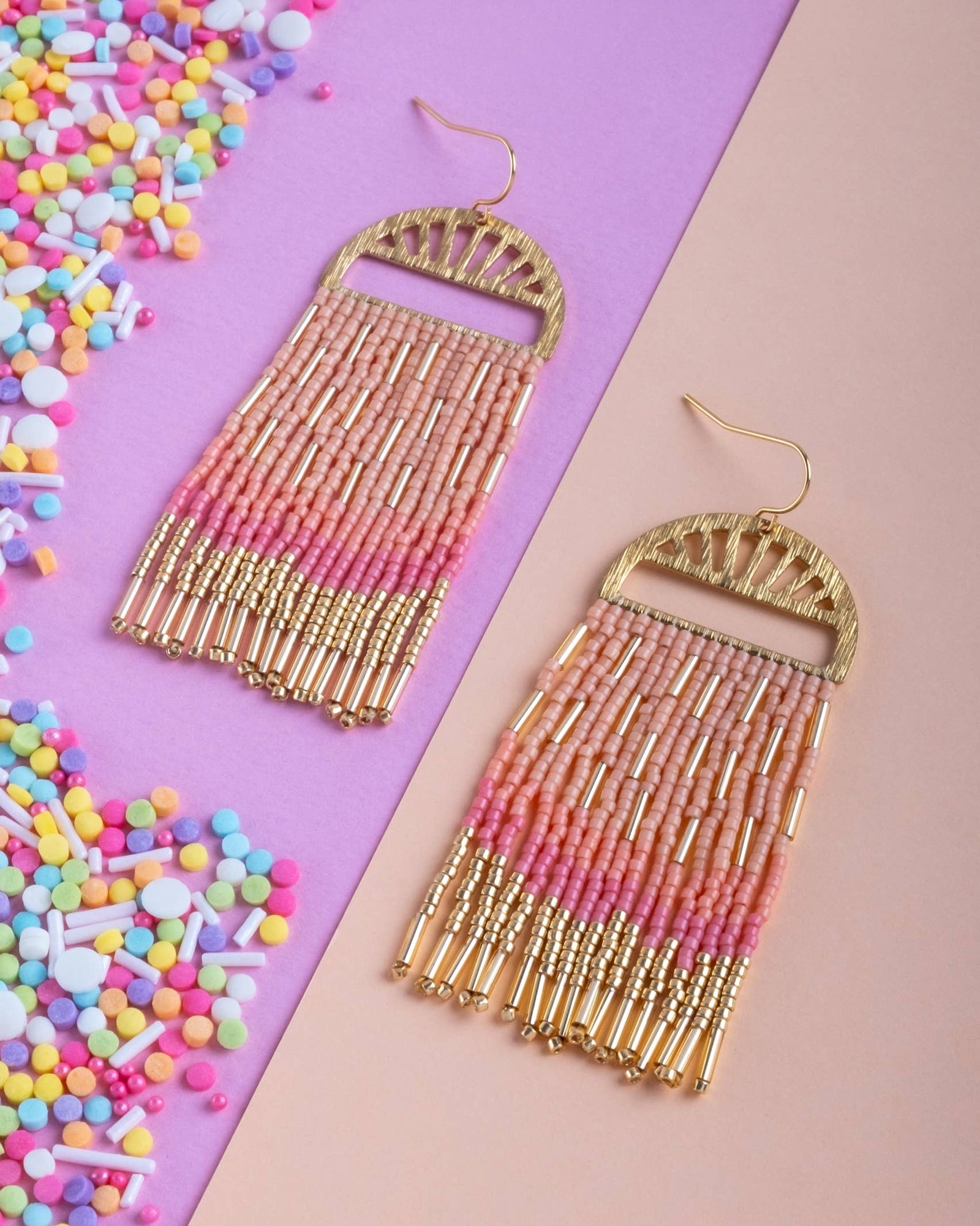 Peach Sprinkle Fringe Beaded Handwoven Earrings