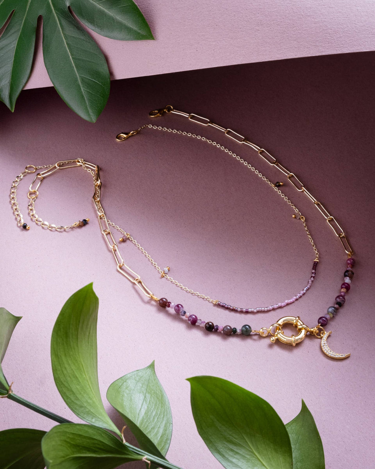 Beaded Charm and Chain Layering Necklace Set/2 (Midnight)