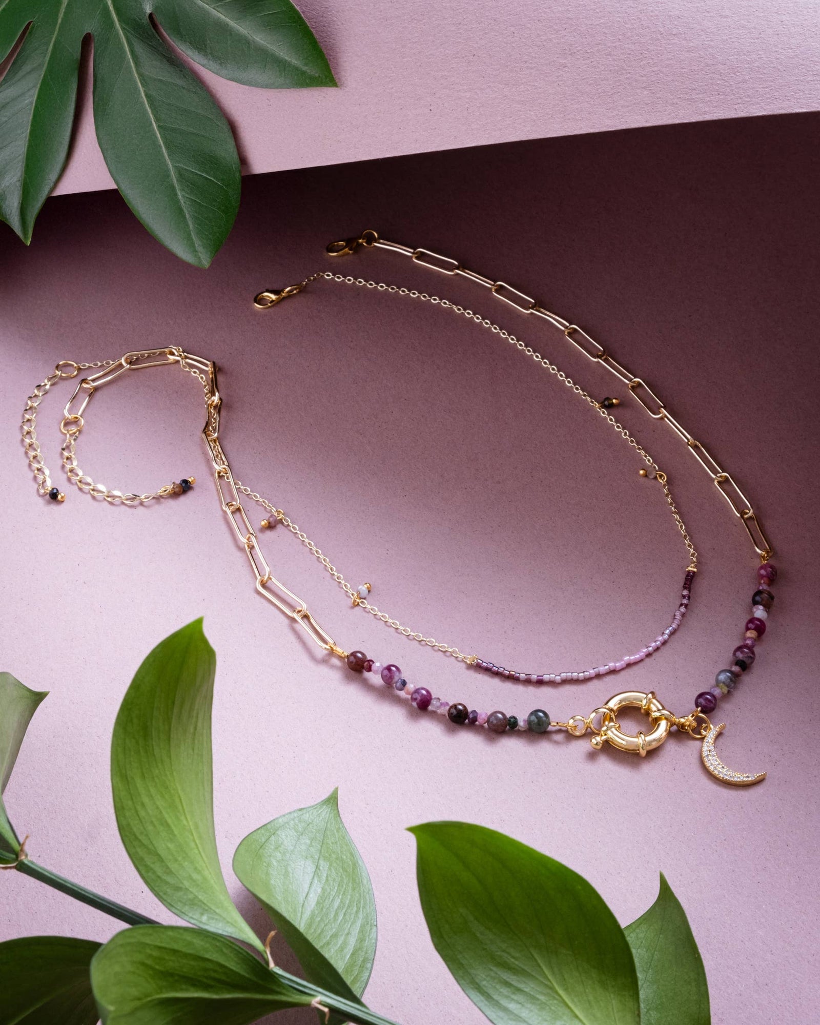 Midnight Beaded Charm and Chain Layering 2 Necklace Set