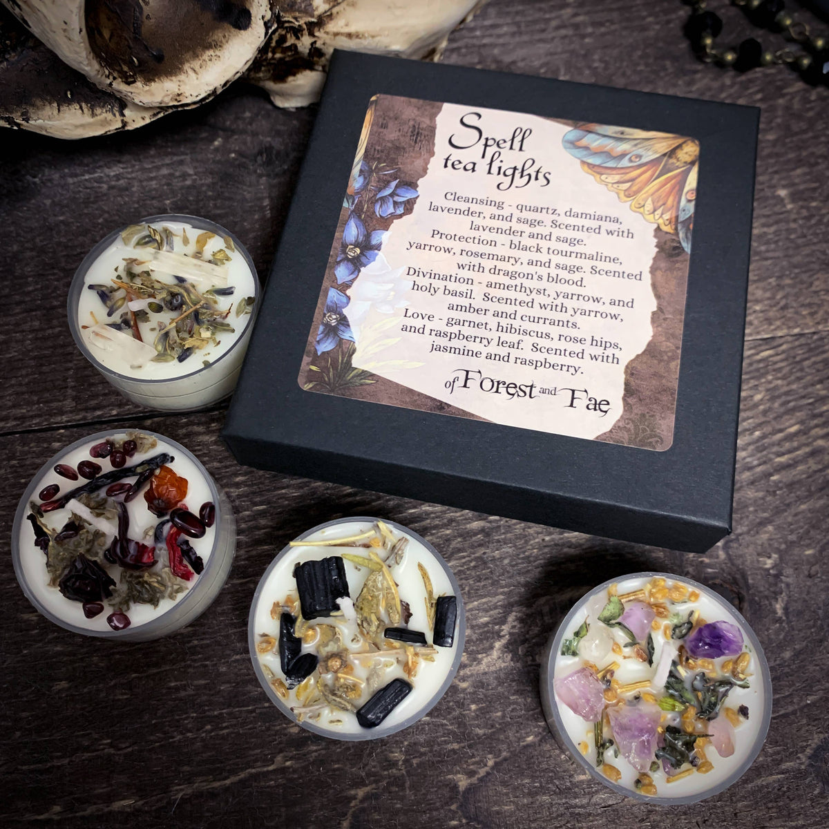 Spell Candle Tea Light Set • Crystal &amp; Herb Candles • Witchy