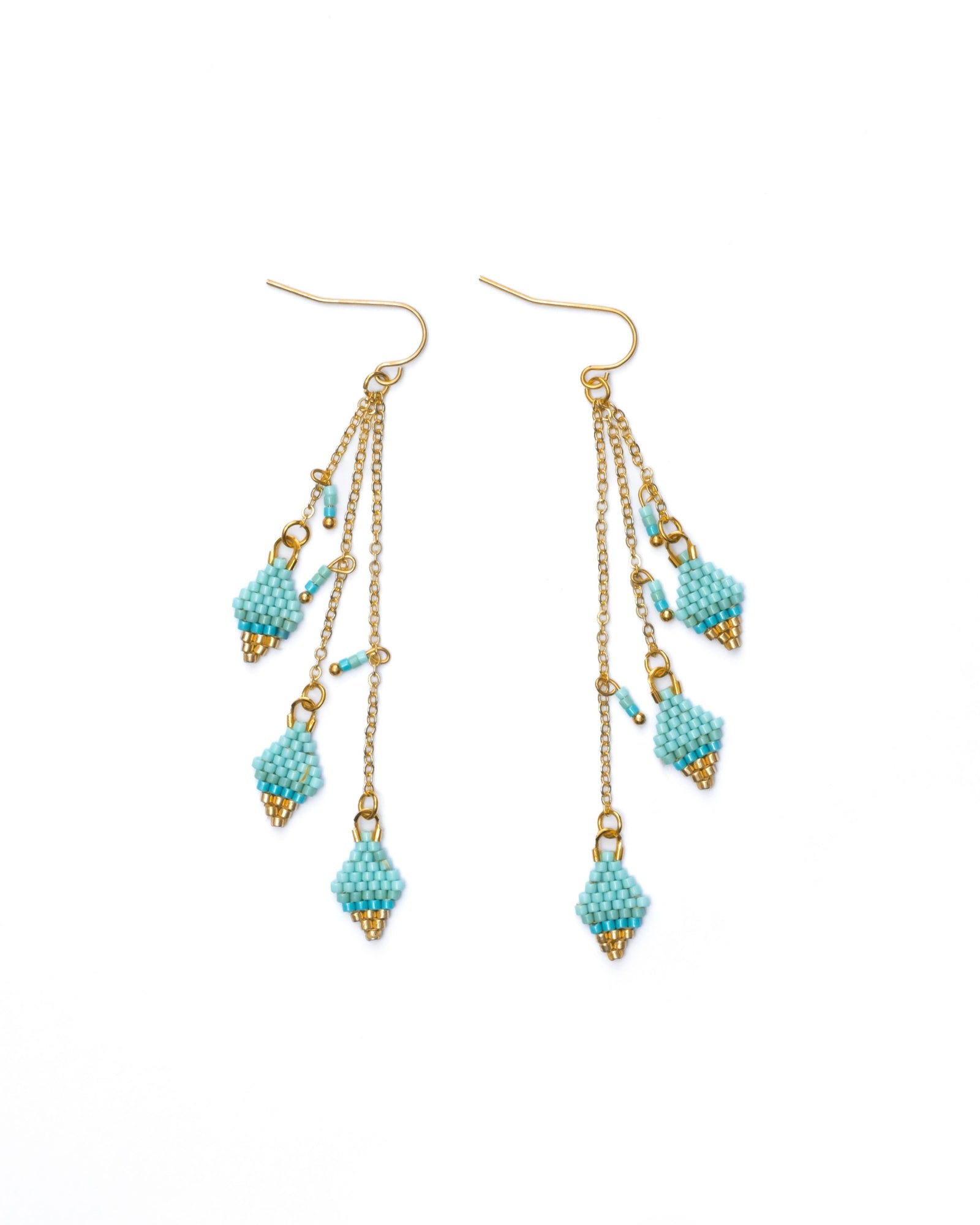 Aqua Candy Gem and Chain Dangle Beaded Handwoven Earrings