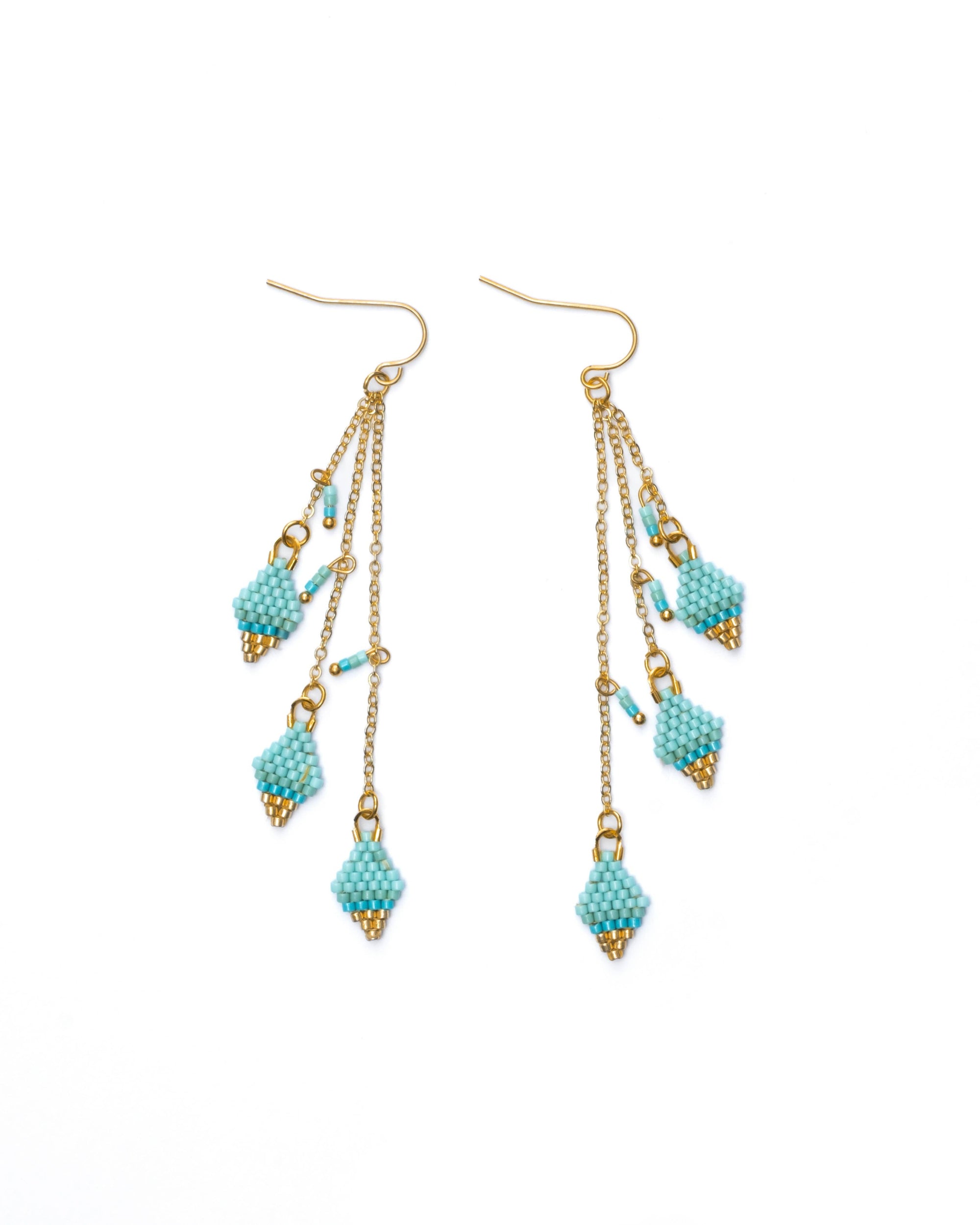 Aqua Candy Gem and Chain Dangle Beaded Handwoven Earrings
