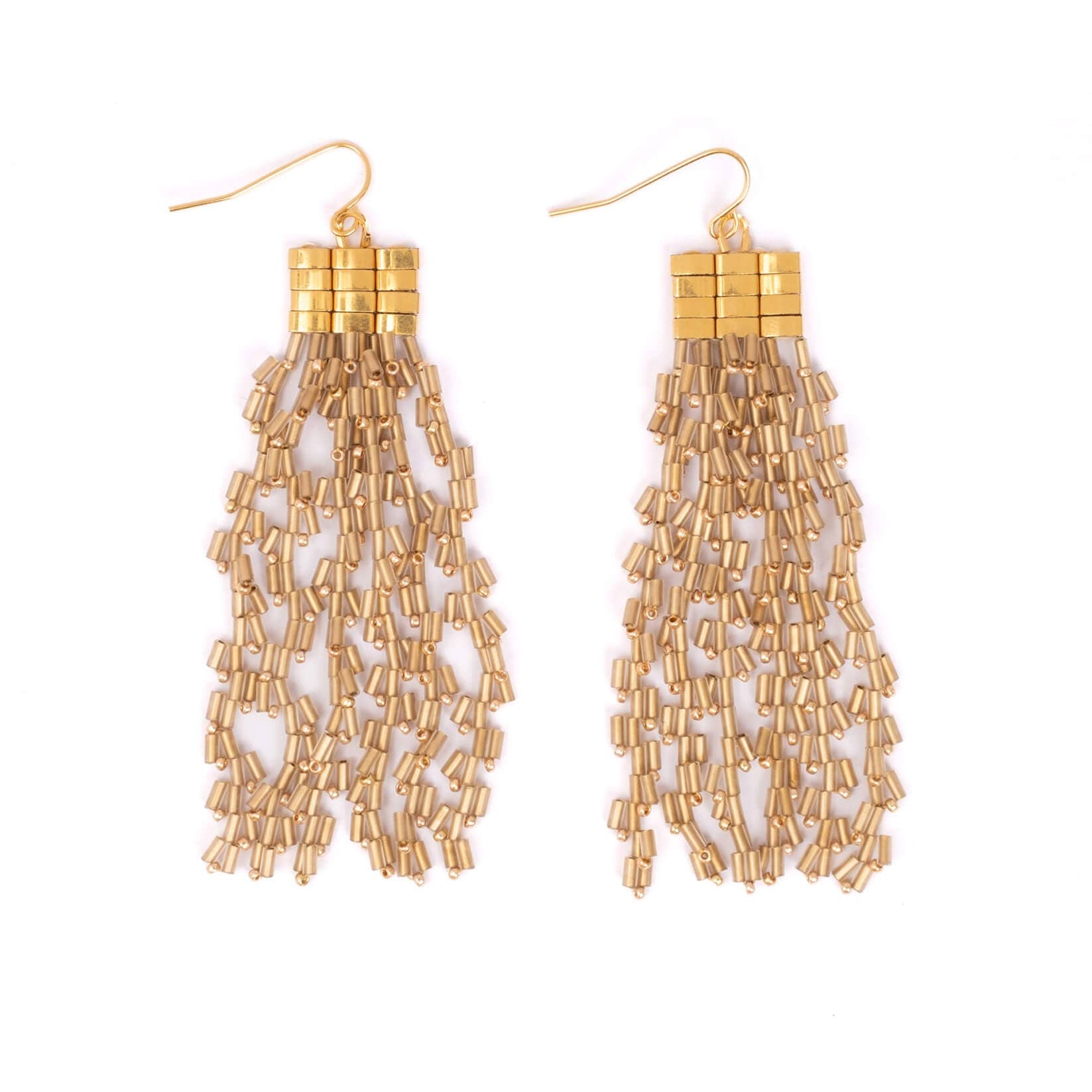 Beaded Handwoven Cascade Fringe Earrings (Gold)