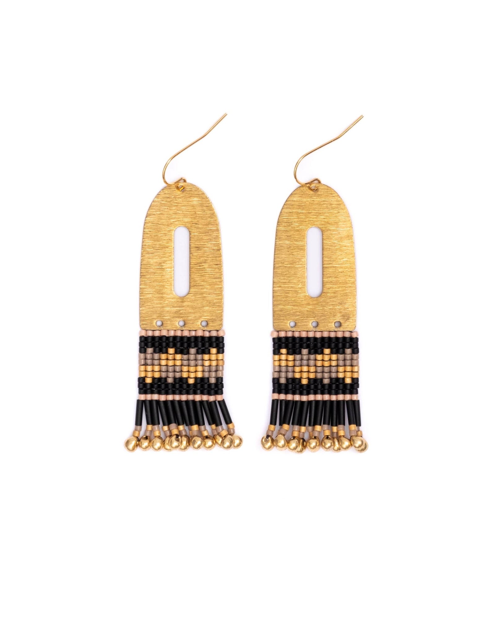Beaded Handwoven Color Block Brass Earrings (Black)