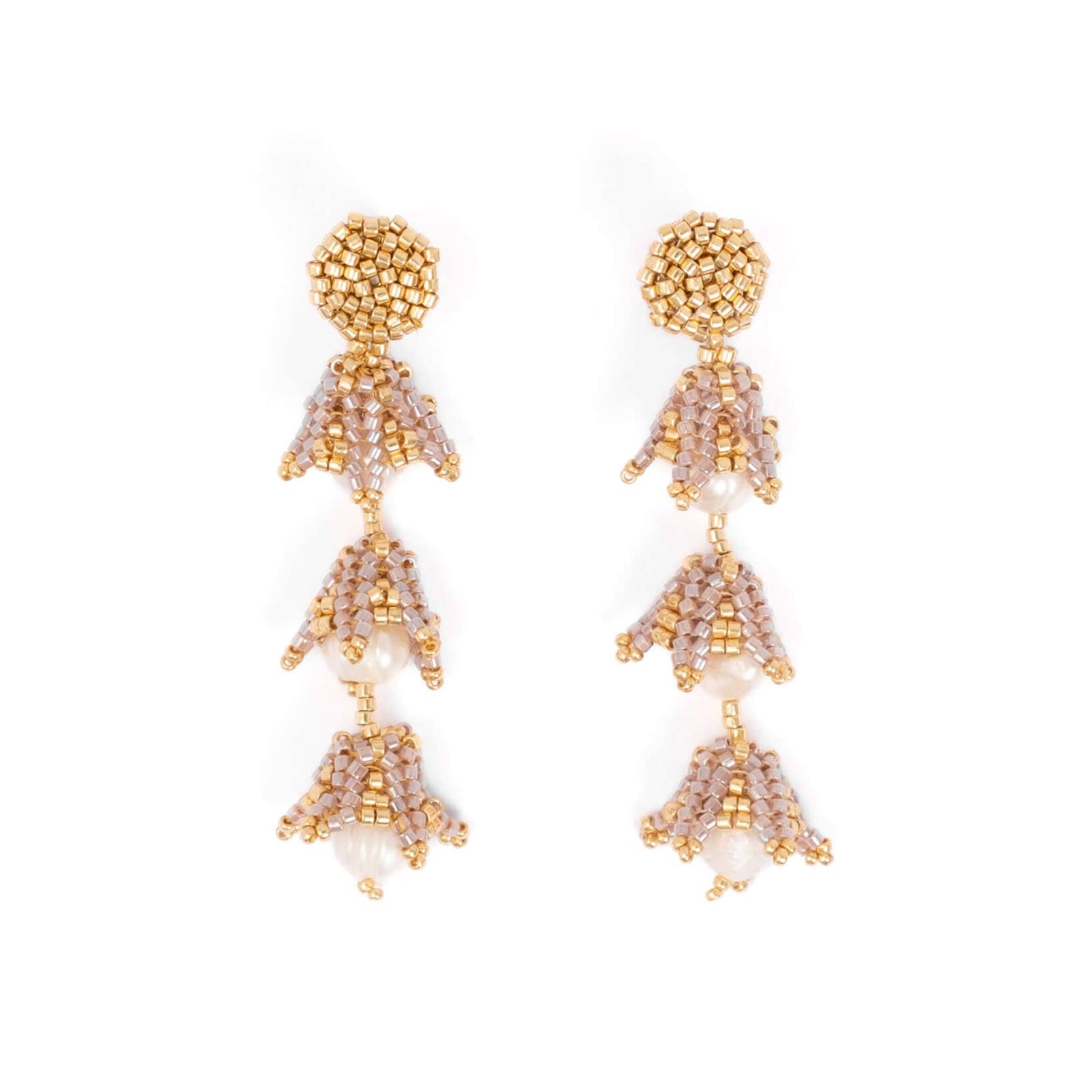 Bell Drop and Pearl Beaded Handwoven Earrings (Taupe)