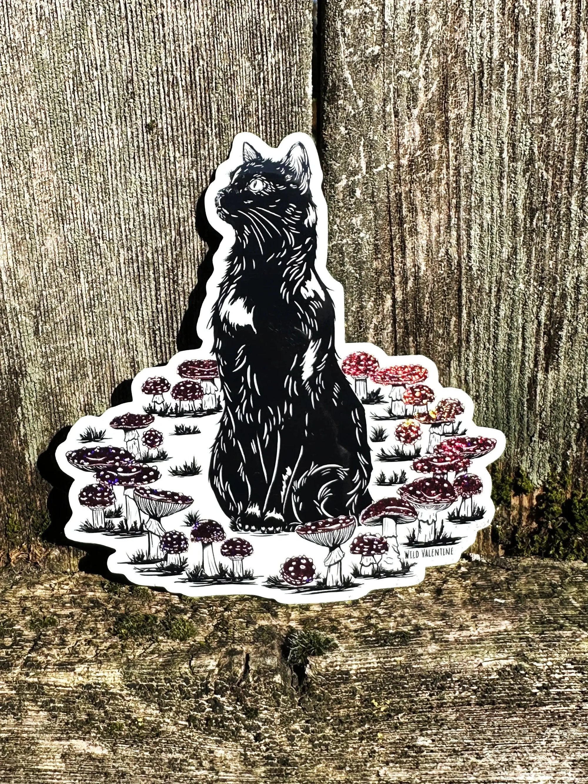 Black Cat &amp; Amanita Mushrooms Vinyl Sticker